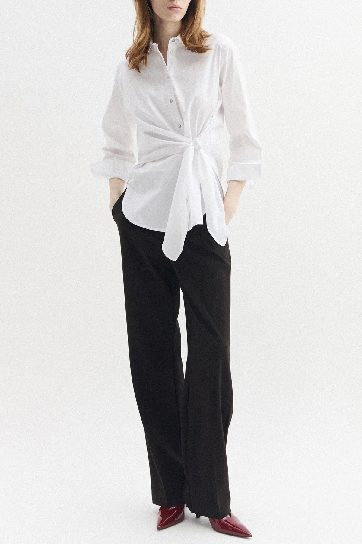 iBlues Iblcambra 26171111922 White Tie waist Shirt, full length styled with black trousers