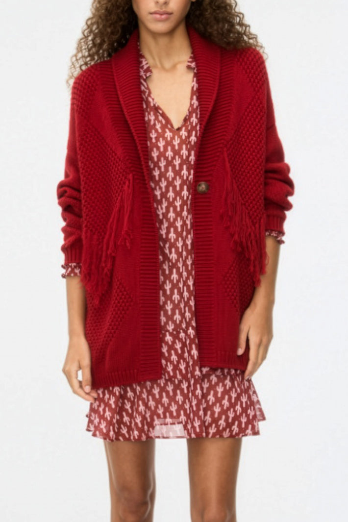 iBlues Iblepica 26173410212 Red Fringed Cardigan Jacket, front view