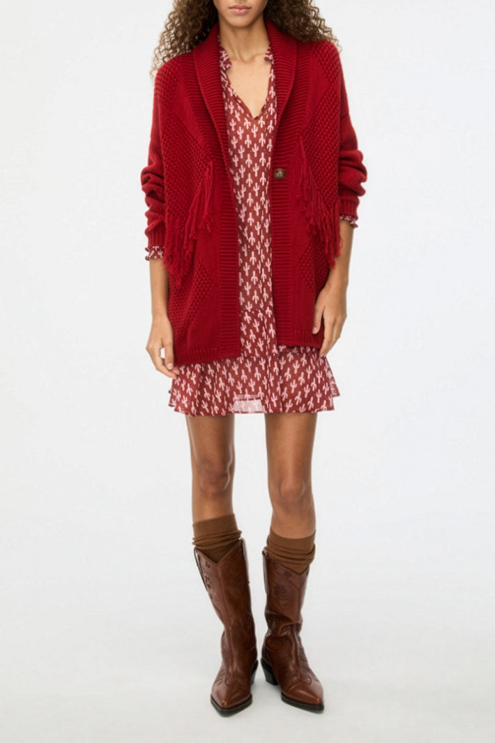 iBlues Iblepica 26173410212 Red Fringed Cardigan Jacket, full length styled with a printed mini and tall brown boots