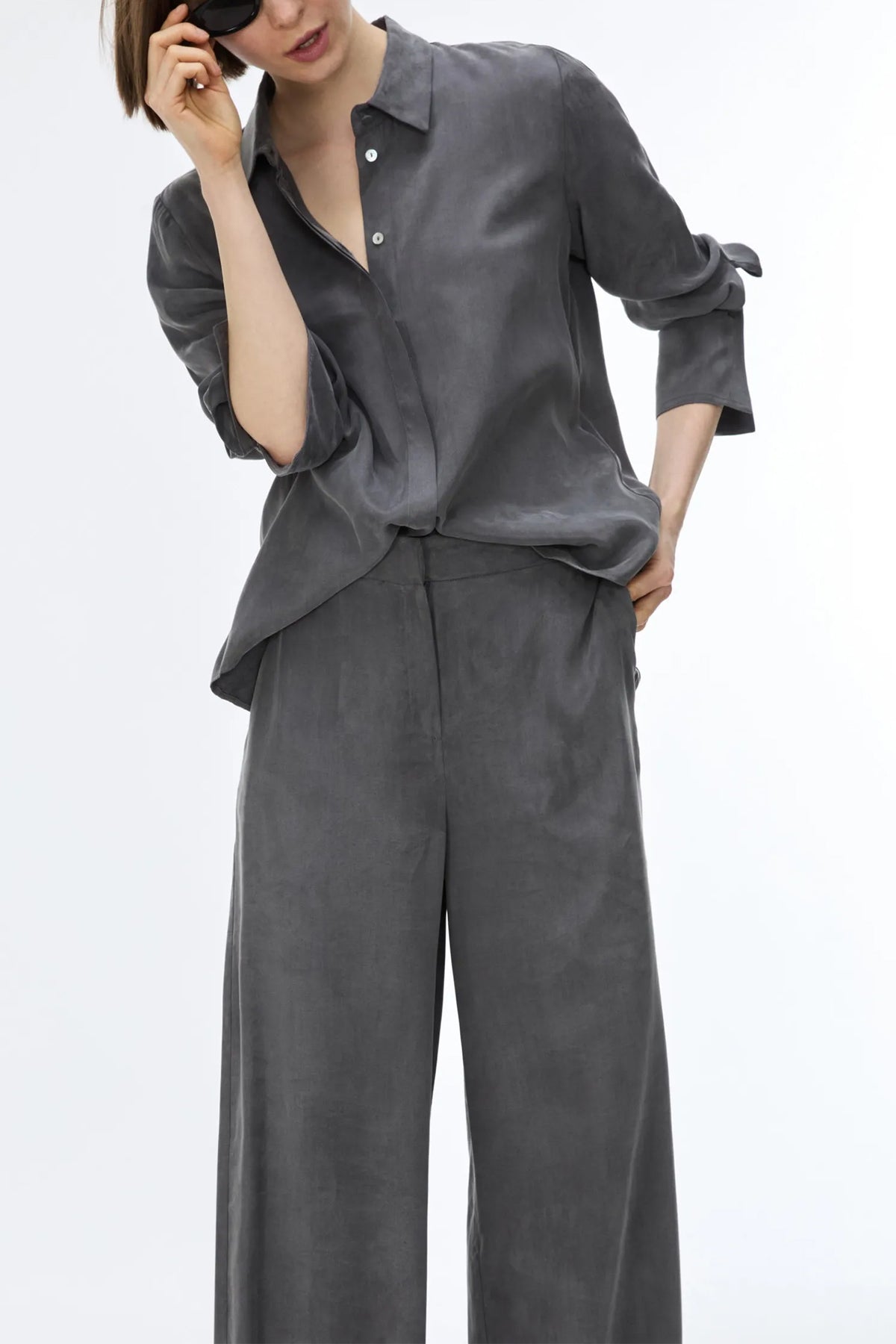 IBLUES IBLFIORE Iron Grey Shirt, styled with matching wide leg trousers