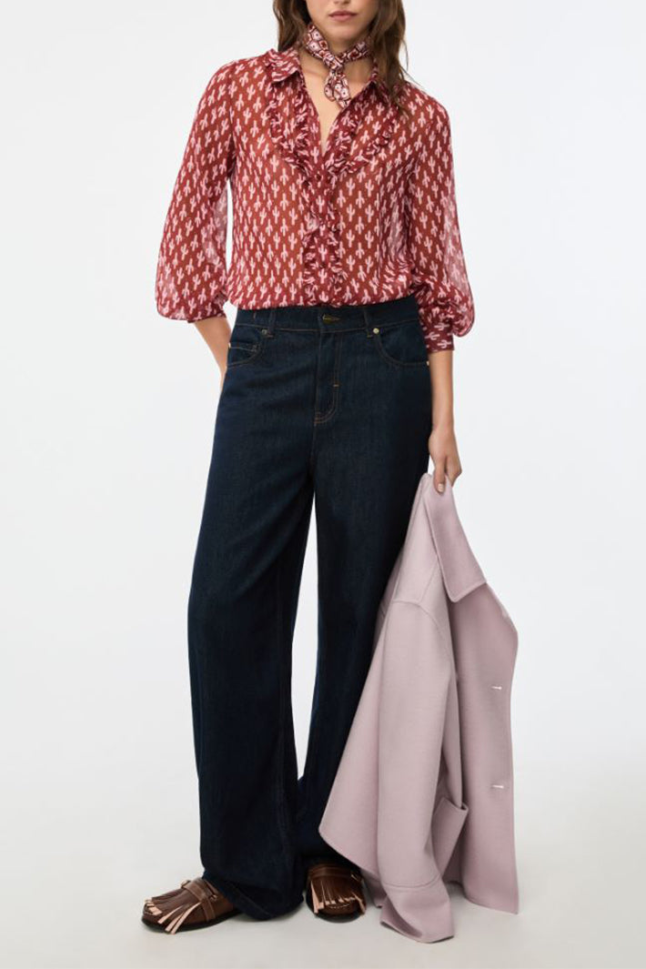 iBlues Ibllalarico 26171113112 Patterned Red Blouse, full length styled with wide leg denim