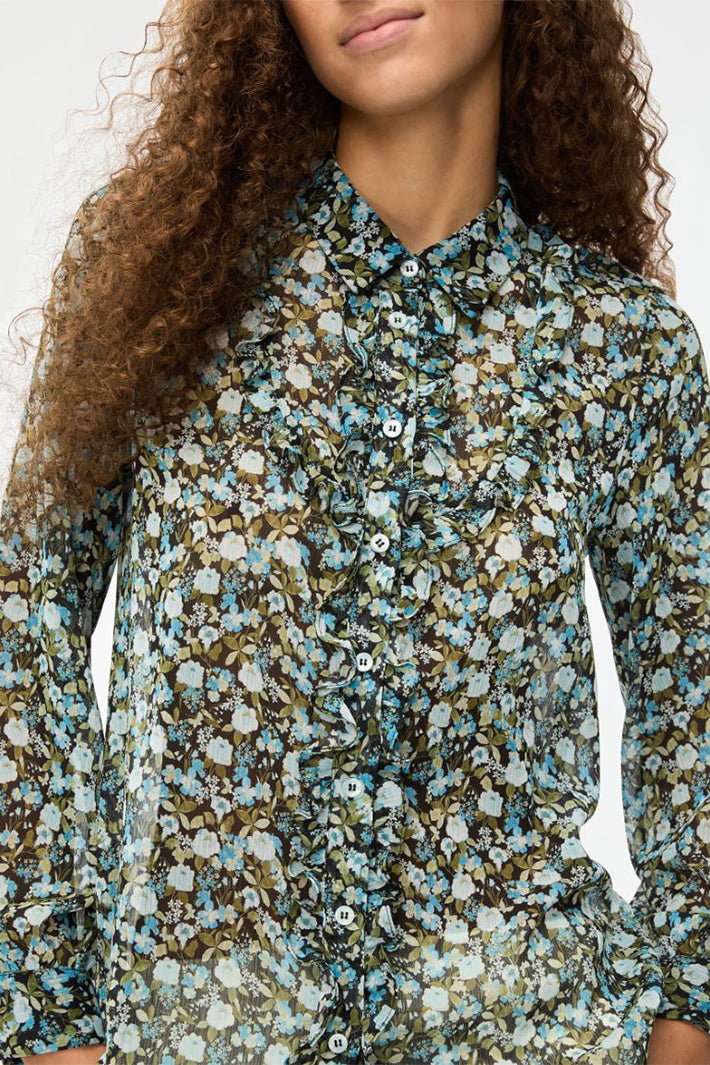 iBlues Ibllalarico 26171113112 Multi Floral Blouse Blue, collar and button placket detail