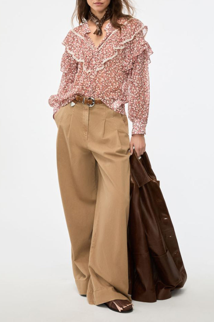 iBlues Iblmitico 26171110612 Multi Patterned Pink/Red Blouse, full length styled with camel wide leg trousers