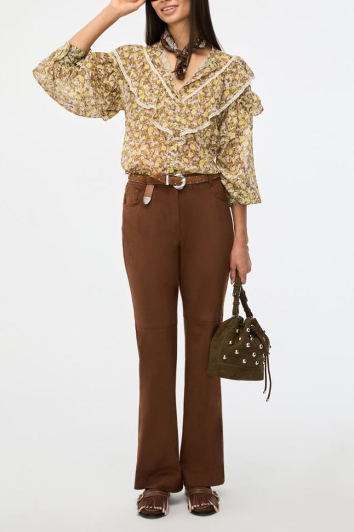 iBlues Iblmitico 26171110612 Multi Floral Blouse Green/Pink, full length styled with brown trousers