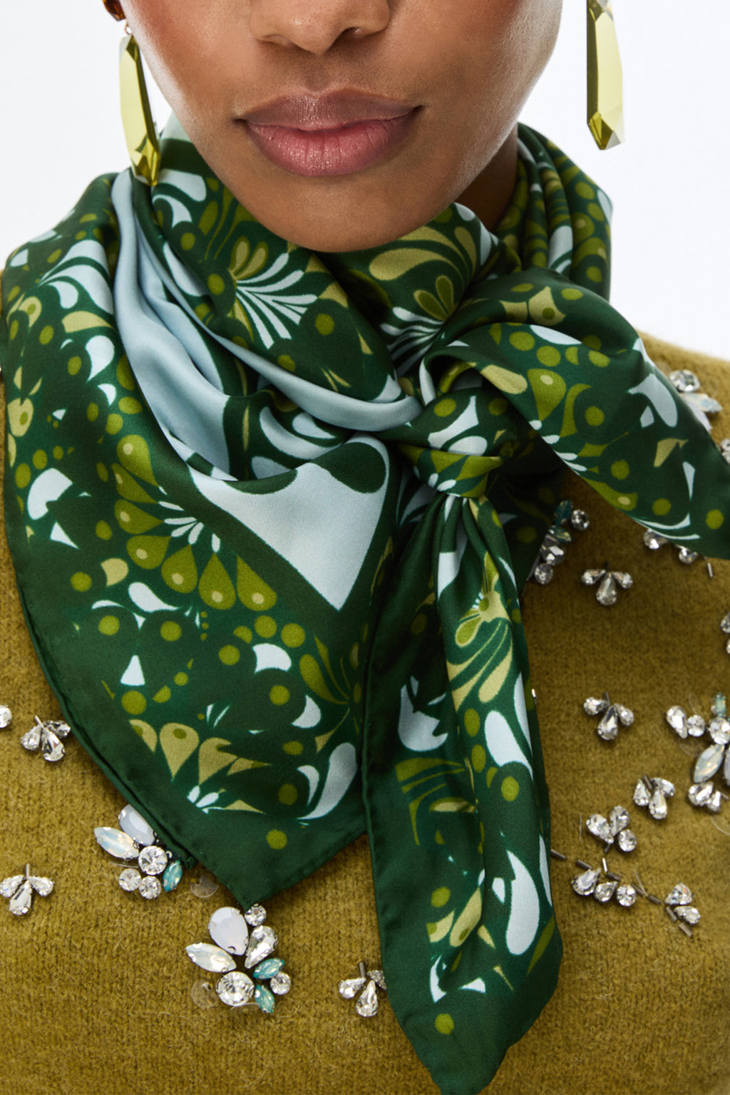 IBLUES IBLPALO Silk Scarf Green Pattern, worn knotted at the neck