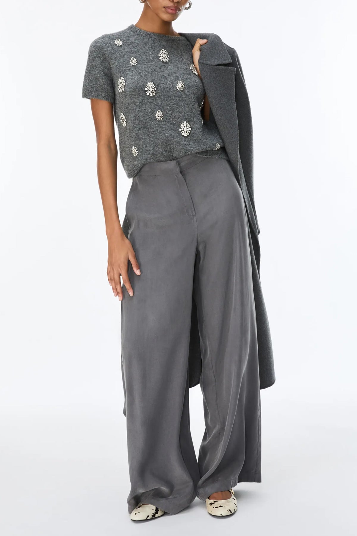 IBLUES IBLQUINTO Grey Long Trouser, full length styled with an embellished knit