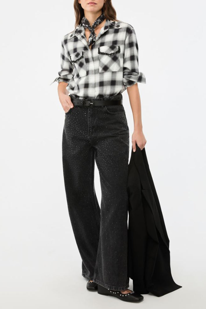 iBlues Iblveletta 26171110312 Diamante Embellished Black/White Check Shirt, full length styled with wide leg denim
