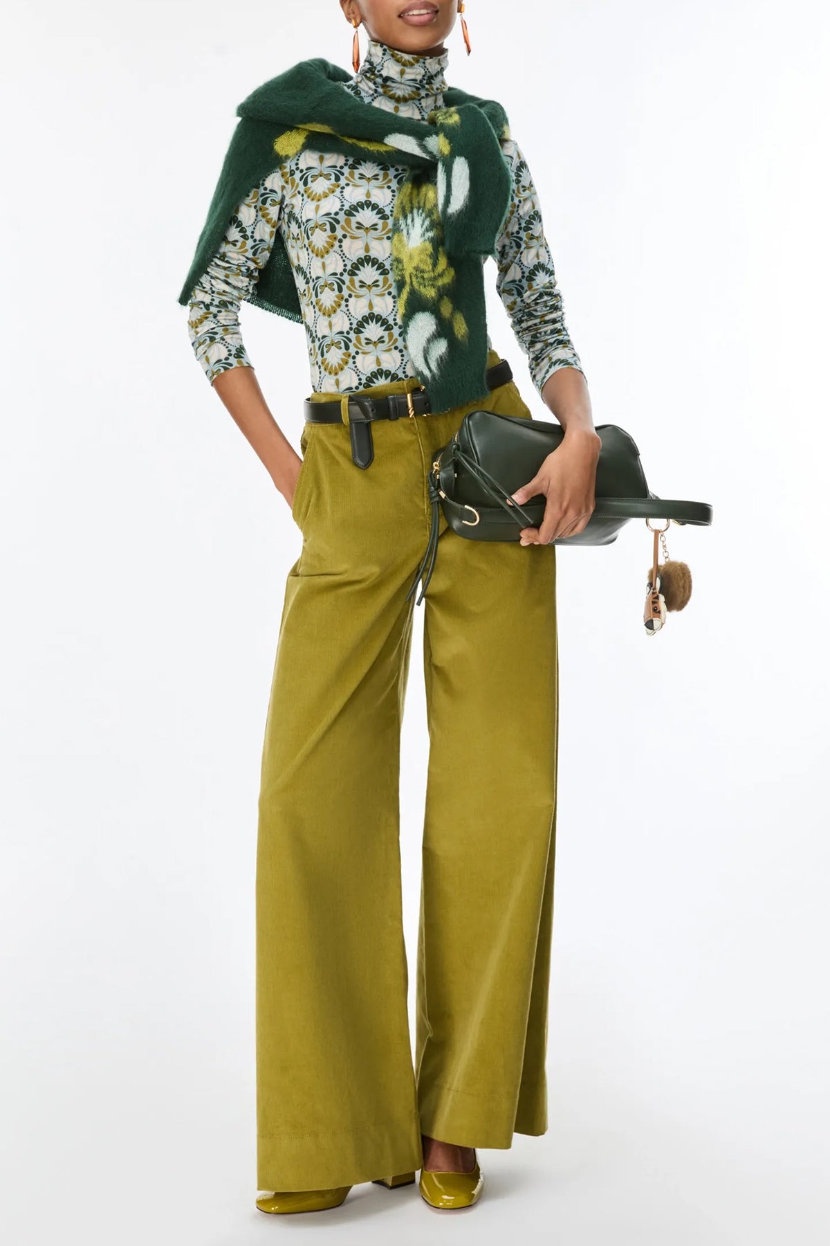 IBLUES IBLVOLATE High Neck Pattern Top, full length styled with olive corduroy trousers