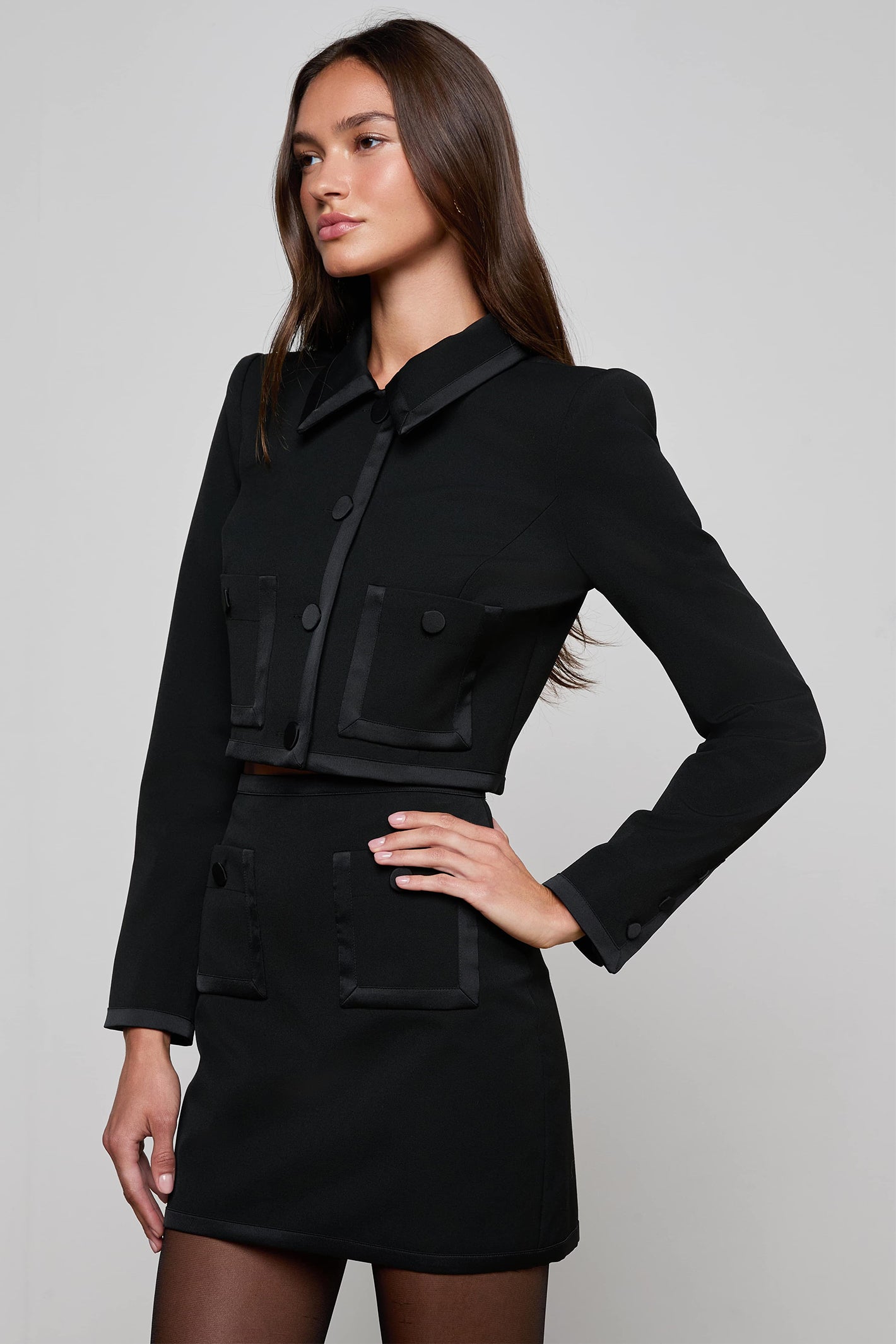 L'Agence 1987NGX Blythe Black Satin Binding Cropped Jacket