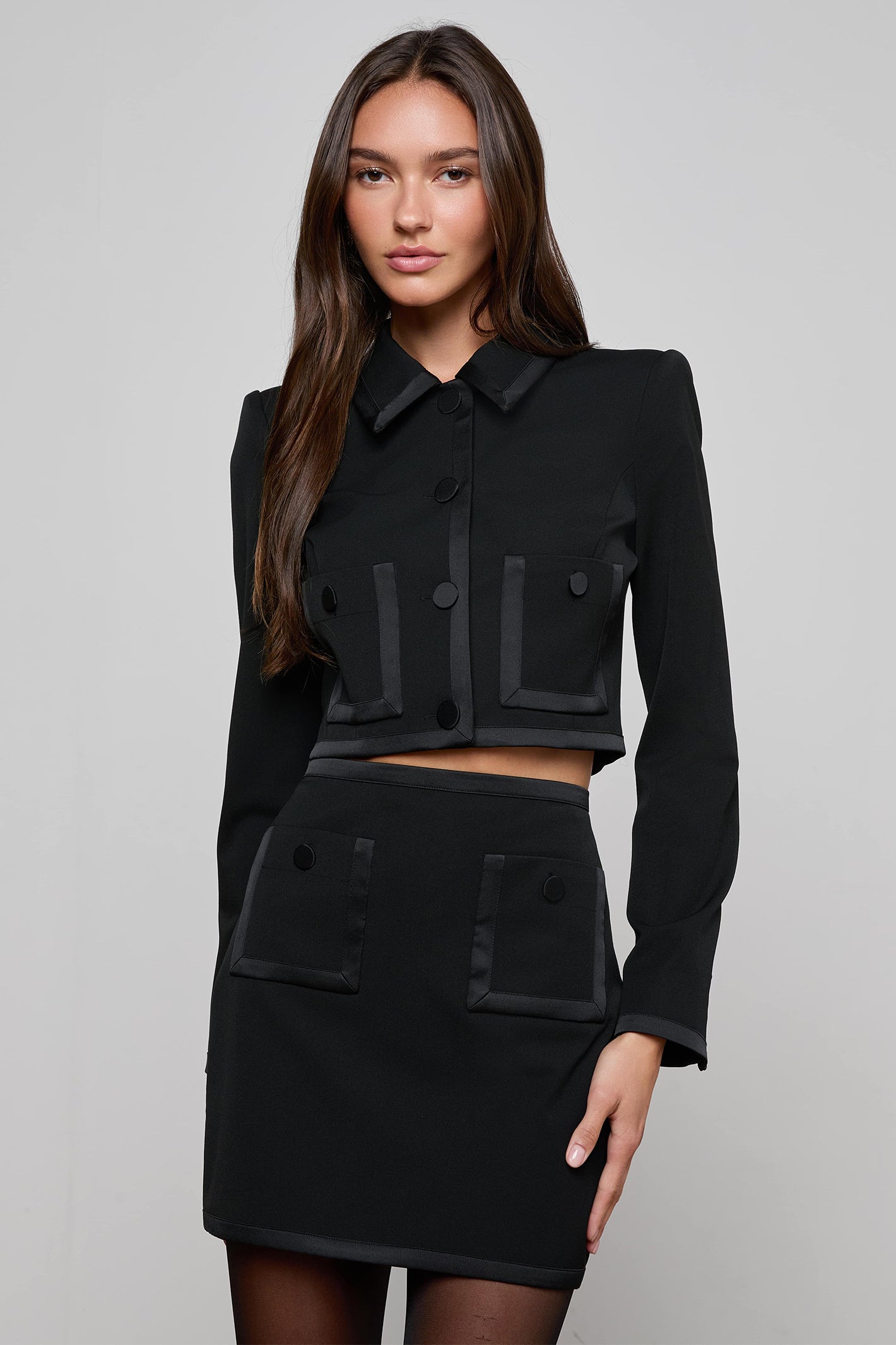 L'Agence 1987NGX Blythe Black Satin Binding Cropped Jacket