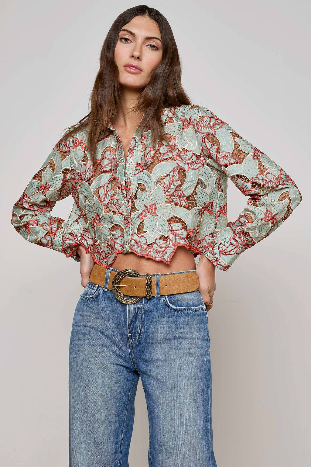 L'Agence 40639QCF Akemi Blue Eyelet Cropped Buttondown Blouse