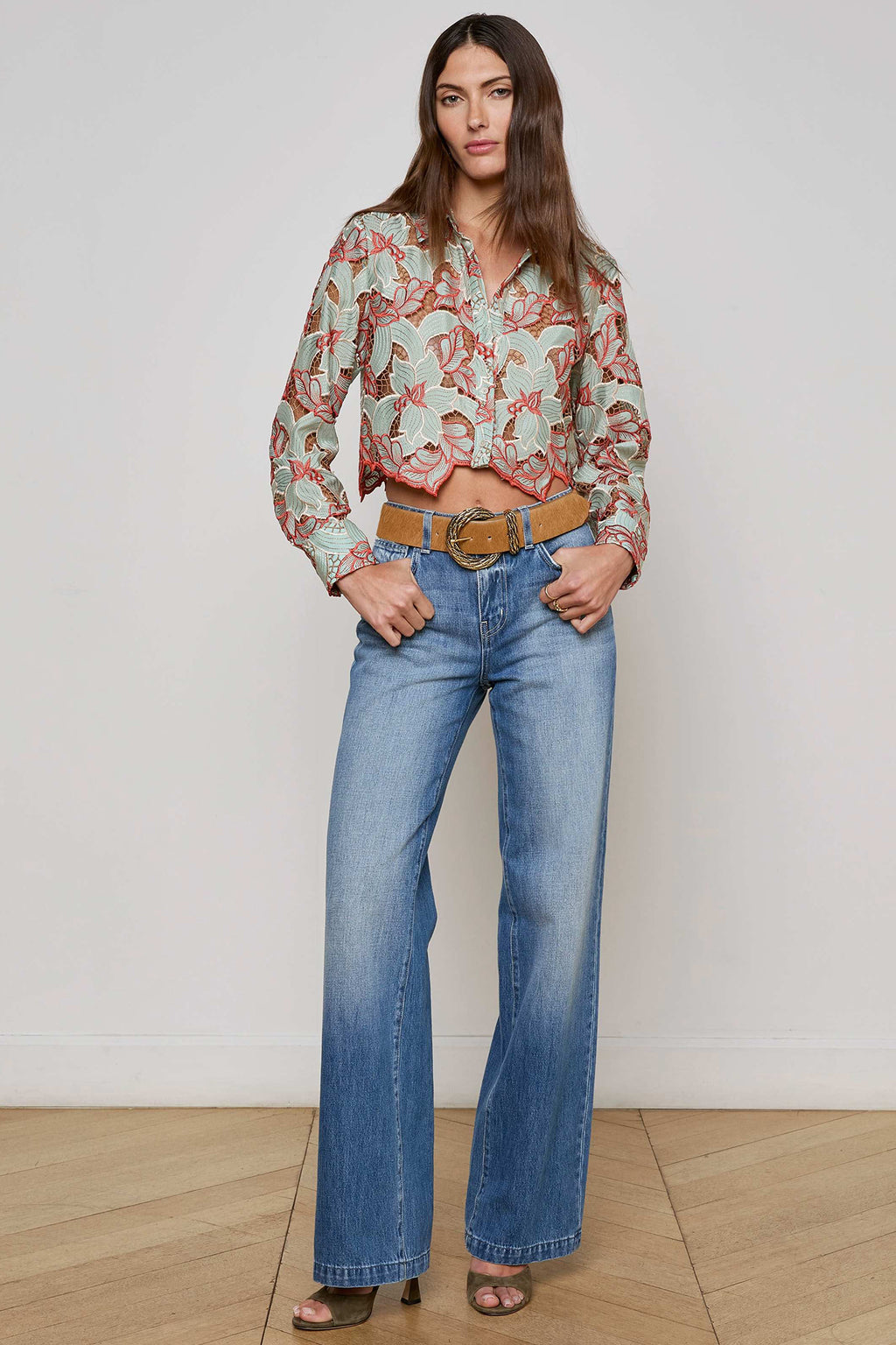 L'Agence 40639QCF Akemi Blue Eyelet Cropped Buttondown Blouse