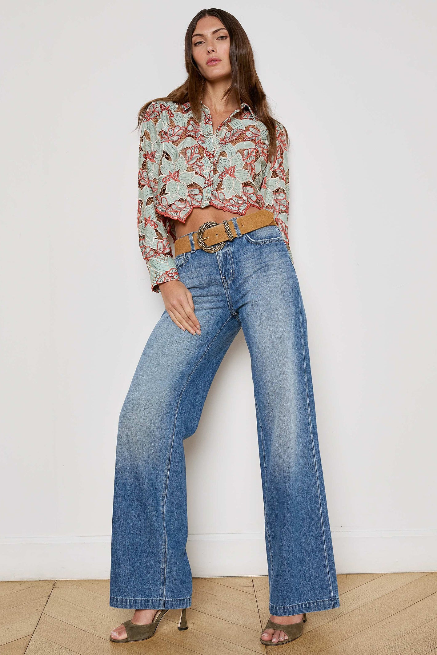 L'Agence 40639QCF Akemi Blue Eyelet Cropped Buttondown Blouse