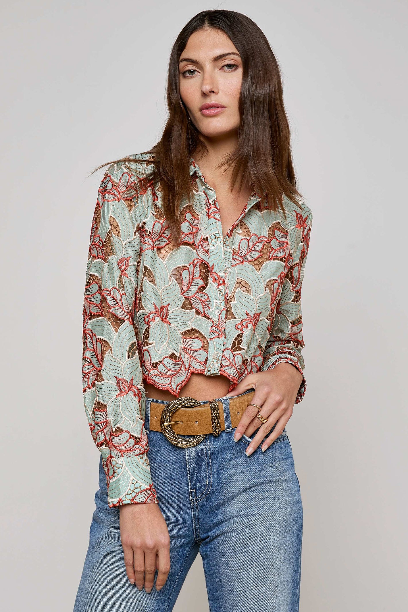 L'Agence 40639QCF Akemi Blue Eyelet Cropped Buttondown Blouse