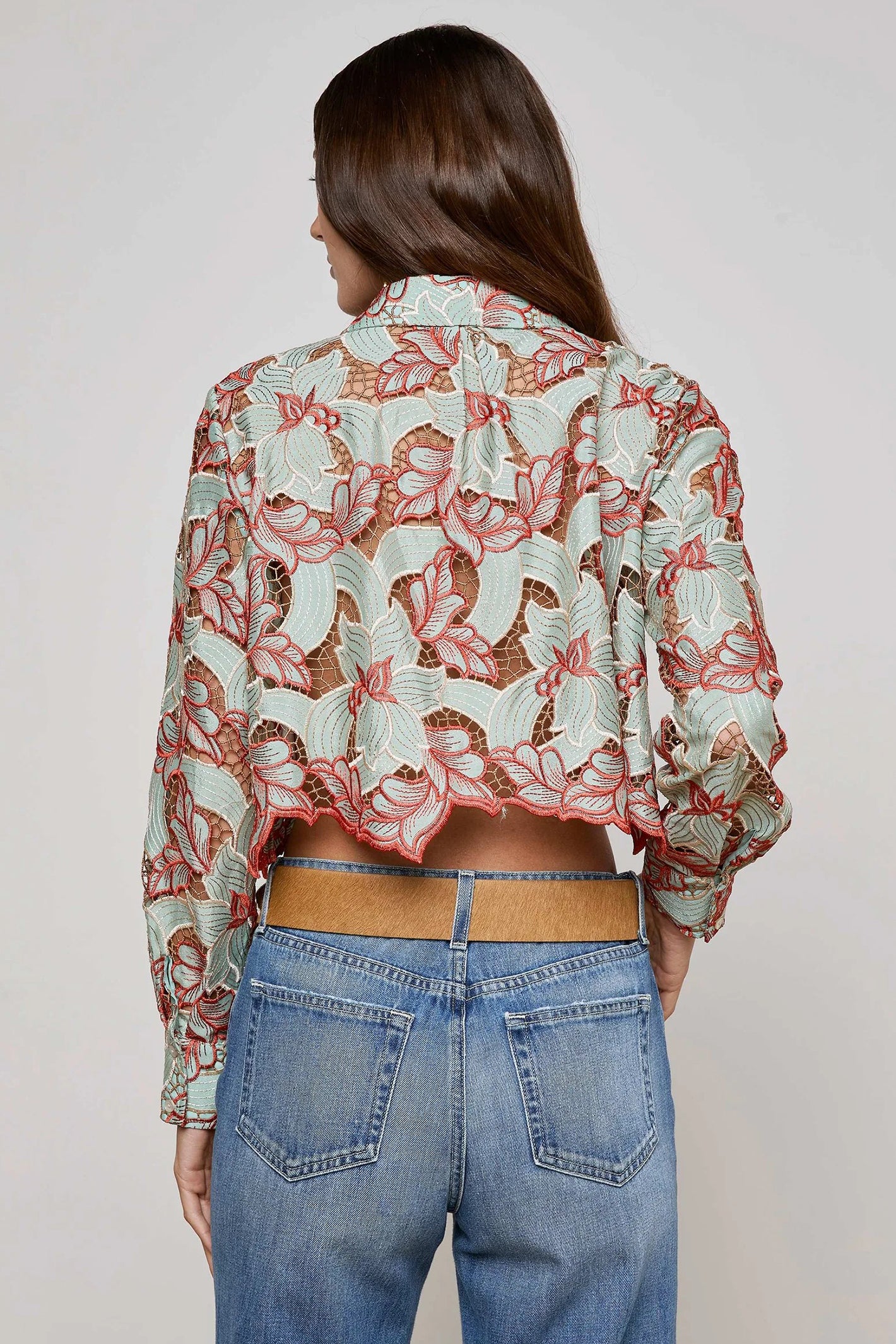 L'Agence Akemi Green Red Cropped Lace Eyelet Blouse 40639QCF