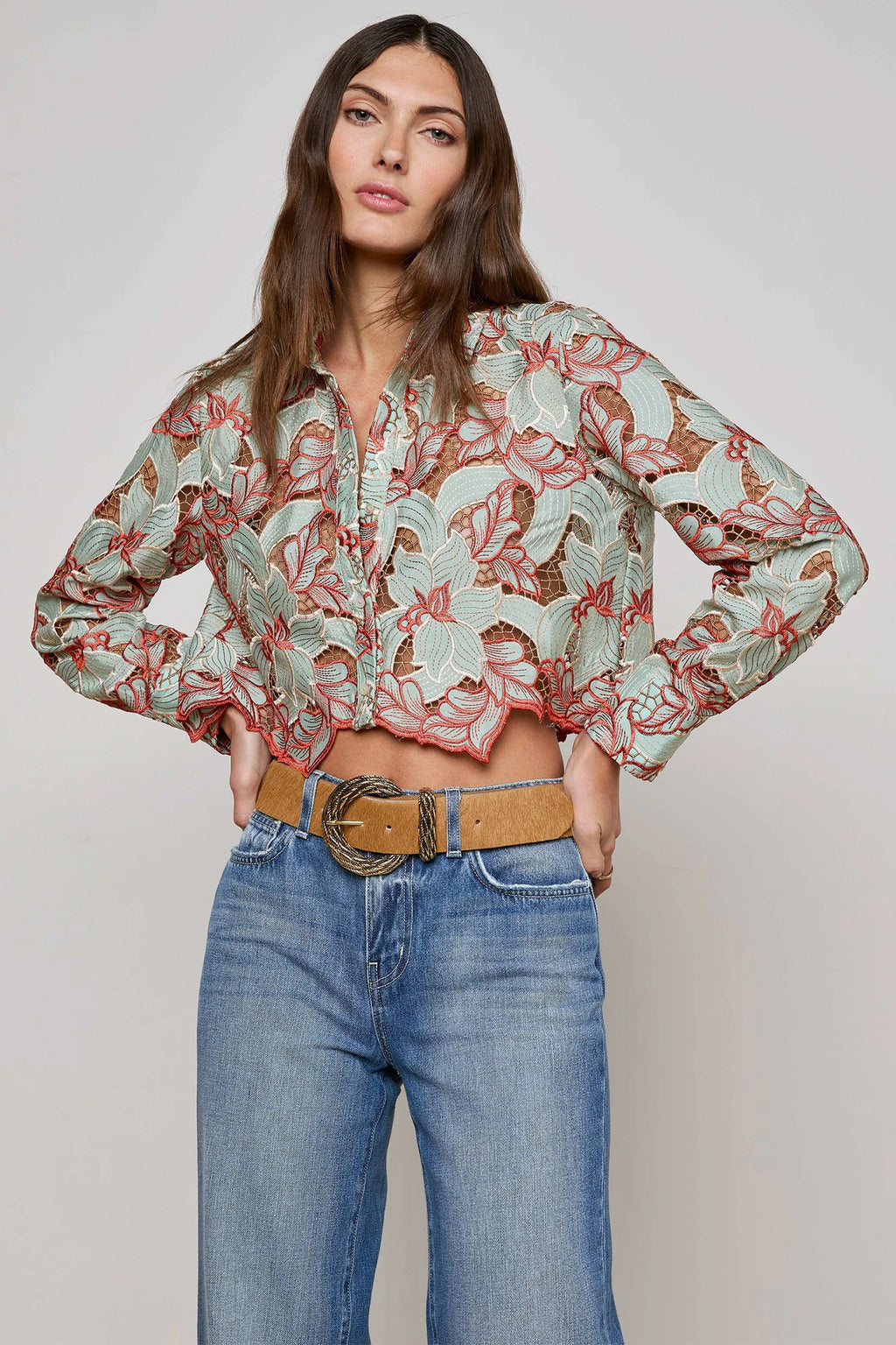 L'Agence Akemi Green Red Cropped Lace Eyelet Blouse 40639QCF