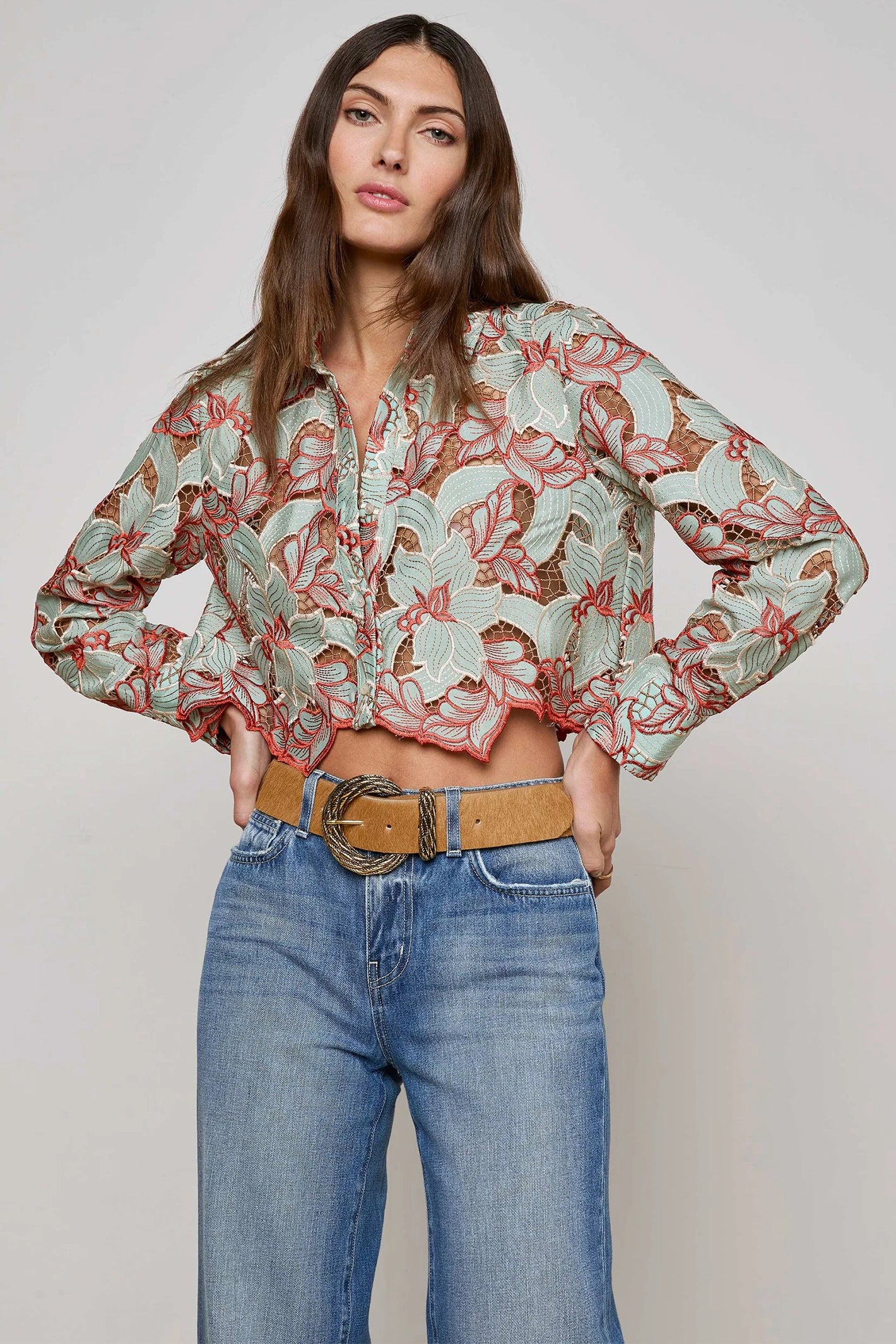 L'Agence Akemi Green Red Cropped Lace Eyelet Blouse 40639QCF