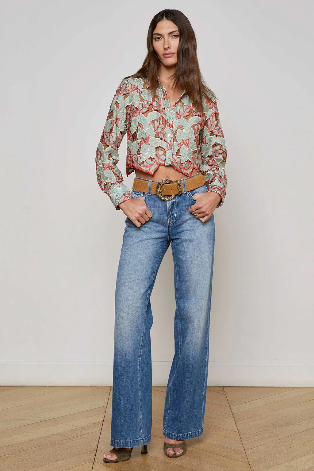 L'Agence Akemi Green Red Cropped Lace Eyelet Blouse 40639QCF