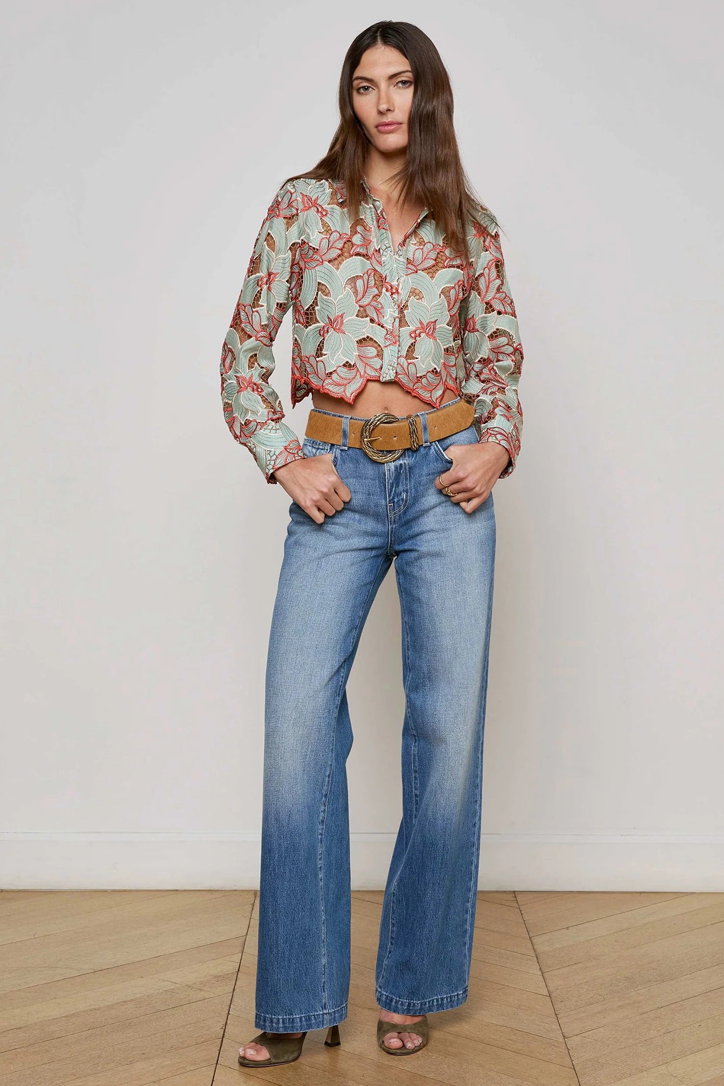 L'Agence Akemi Green Red Cropped Lace Eyelet Blouse 40639QCF