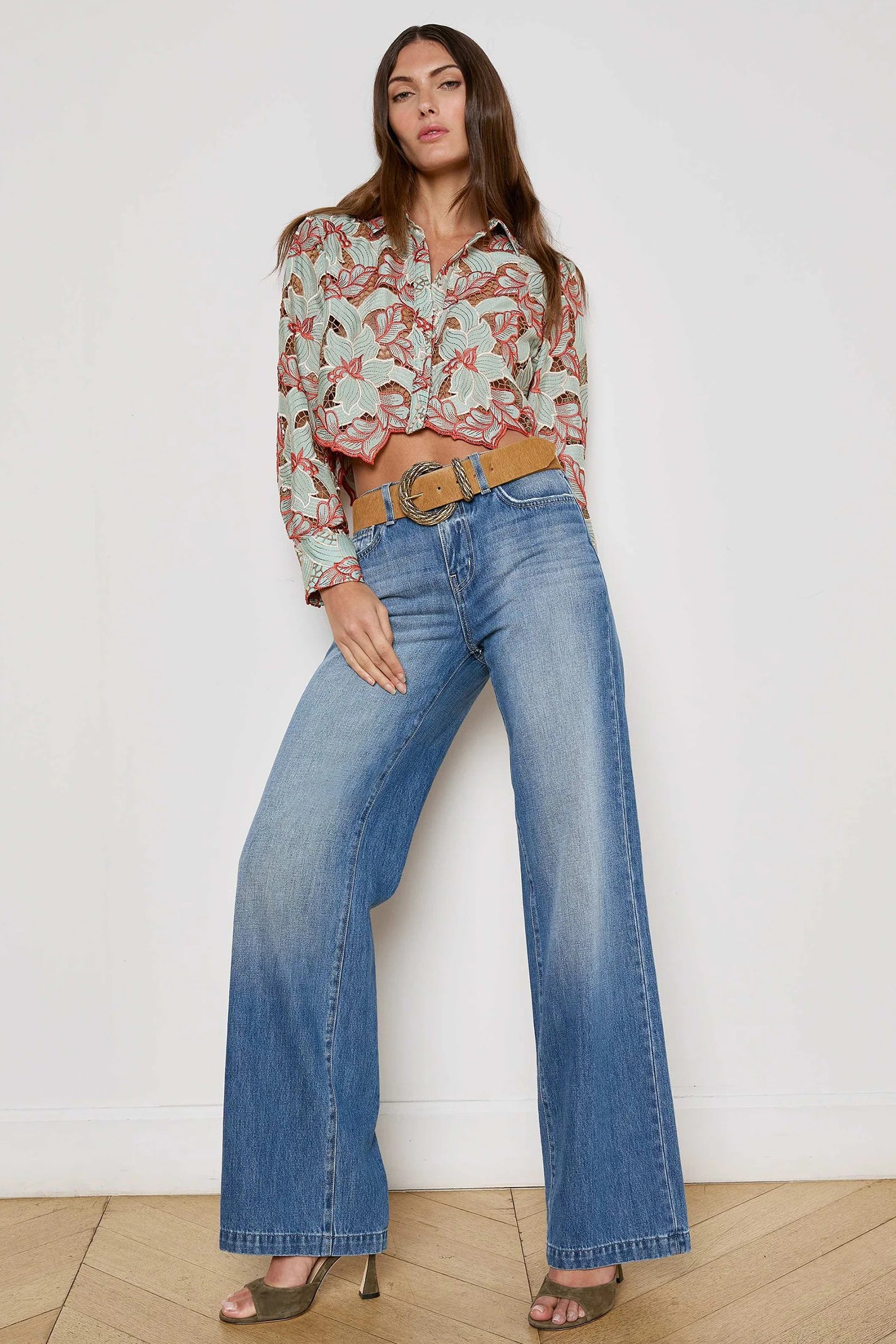 L'Agence Akemi Green Red Cropped Lace Eyelet Blouse 40639QCF