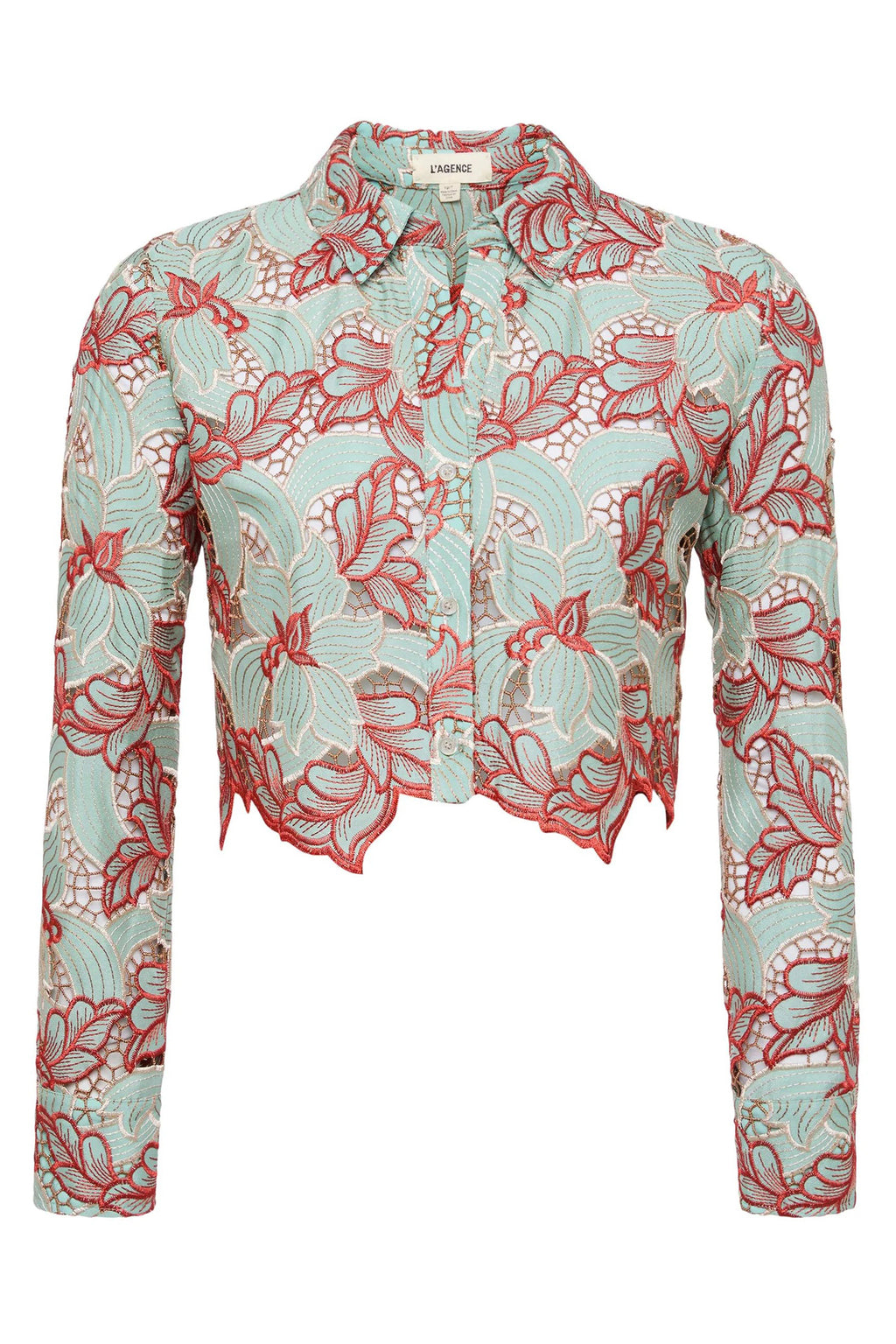 L'Agence Akemi Green Red Cropped Lace Eyelet Blouse 40639QCF