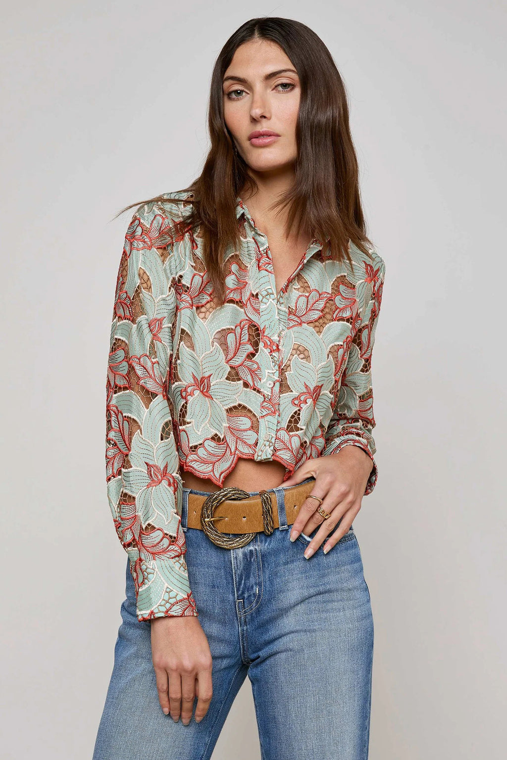 L'Agence Akemi Green Red Cropped Lace Eyelet Blouse 40639QCF