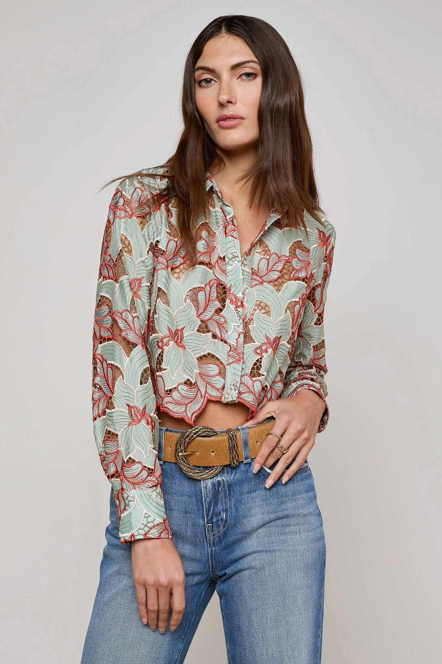 L'Agence Akemi Green Red Cropped Lace Eyelet Blouse 40639QCF
