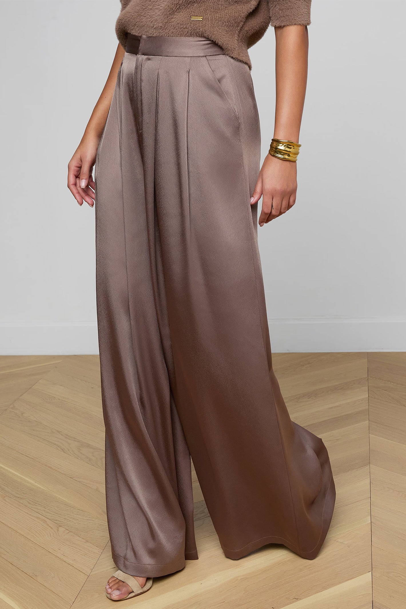 L'Agence Aubrie 2914CES Cardamom Brown Satin Wide Leg Trouser 0110 CRDS