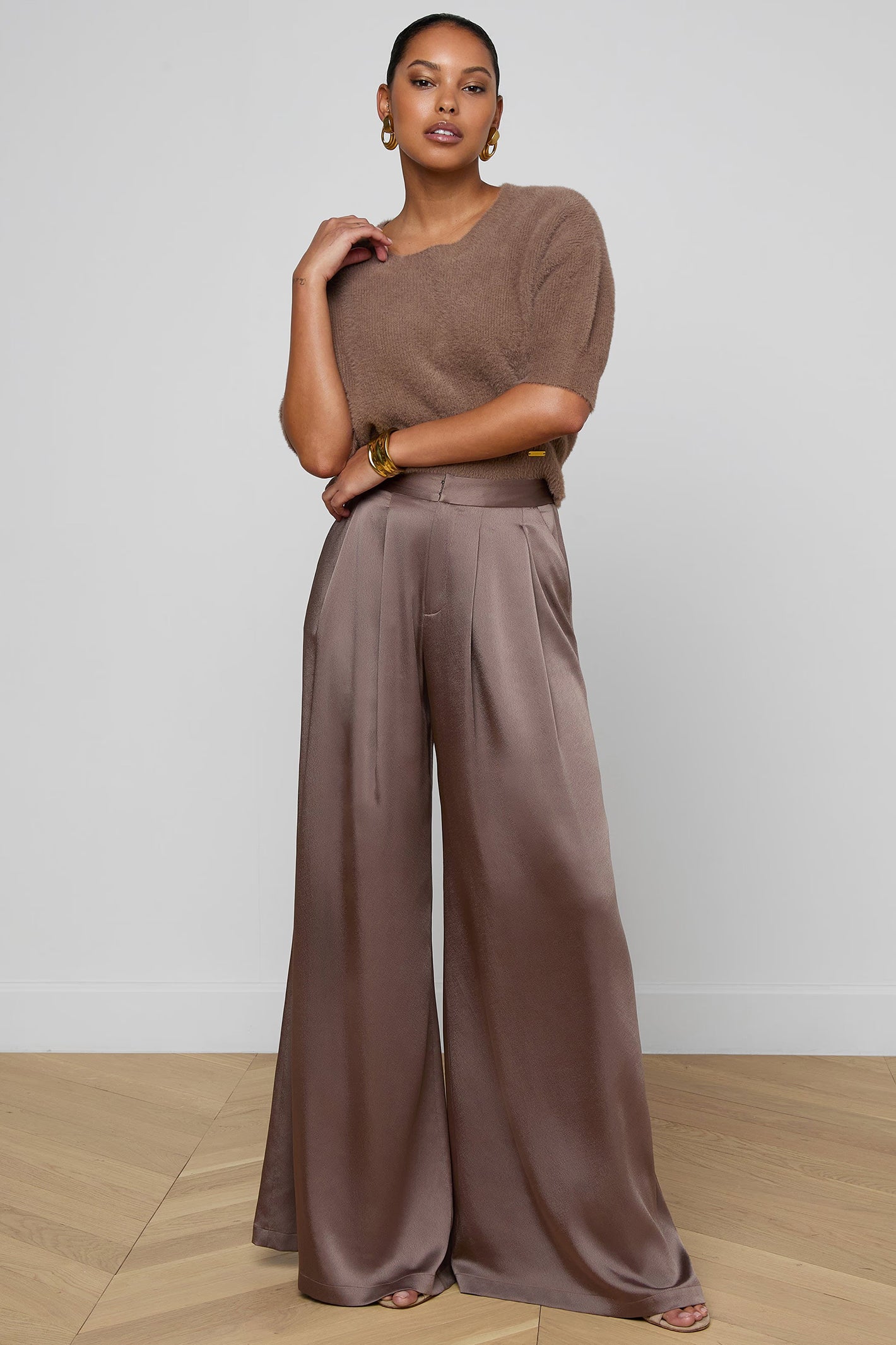 L'Agence Aubrie 2914CES Cardamom Brown Satin Wide Leg Trouser 0110 CRDS