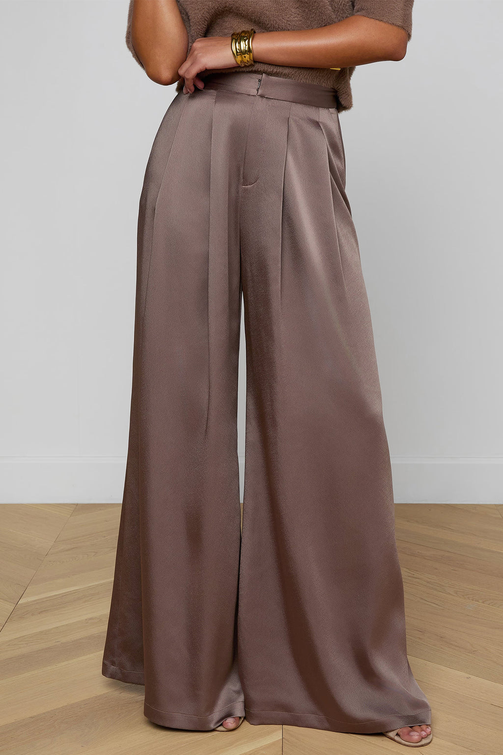 L'Agence Aubrie 2914CES Cardamom Brown Satin Wide Leg Trouser 0110 CRDS