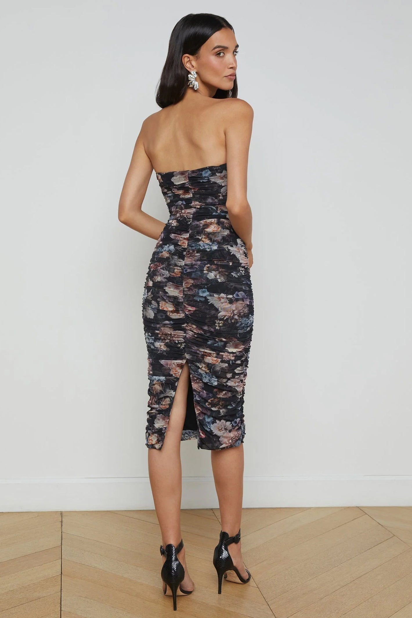 L'Agence Caprice Black Multi Floral Print Strapless Midi Dress 61288WHP