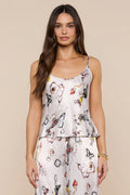 L'Agence Charmy ecru satin camisole in lock butterfly print