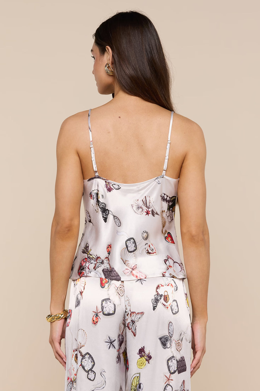 L'Agence Charmy printed satin camisole, styled with matching trousers
