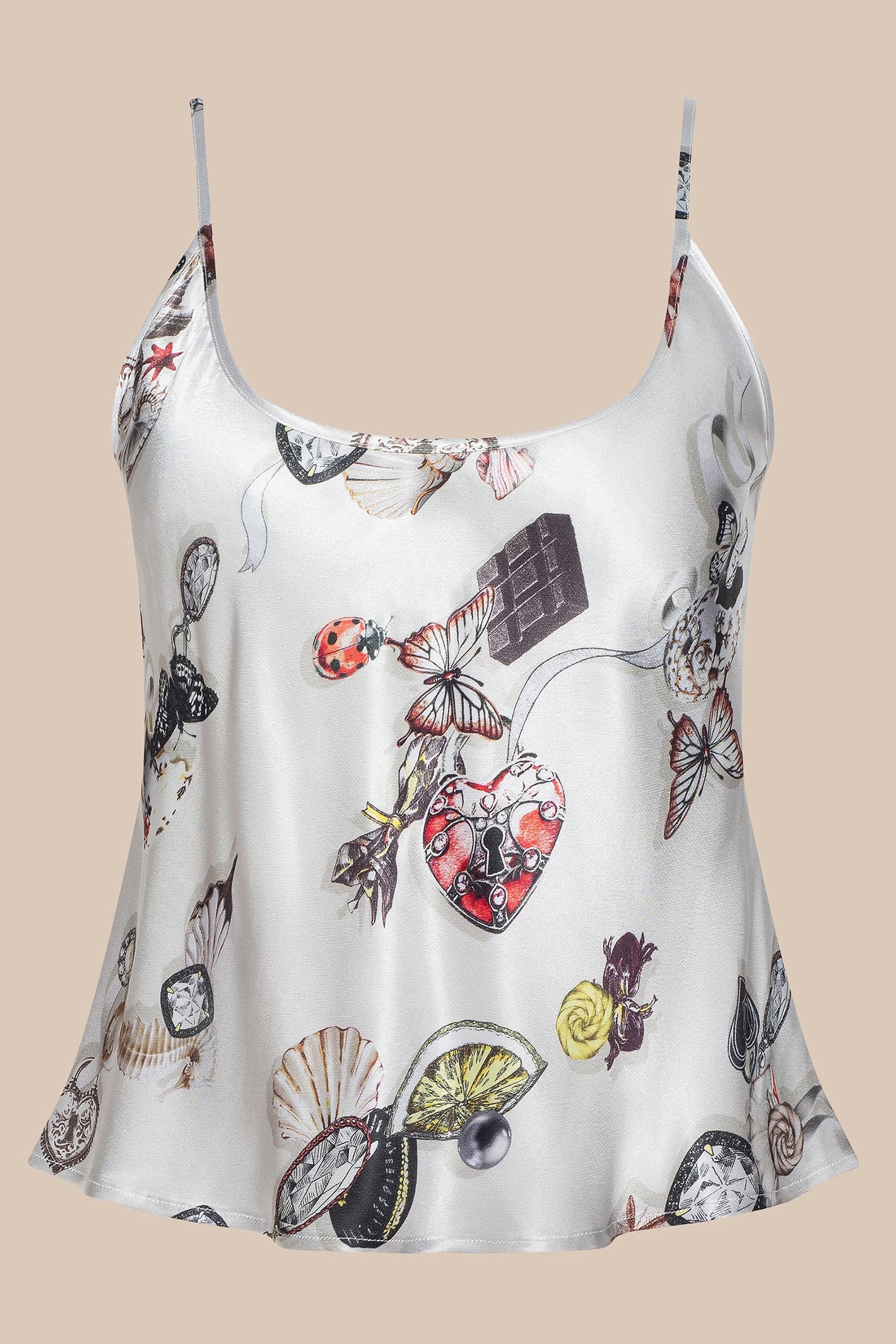 L'Agence Charmy ecru satin camisole, print detail