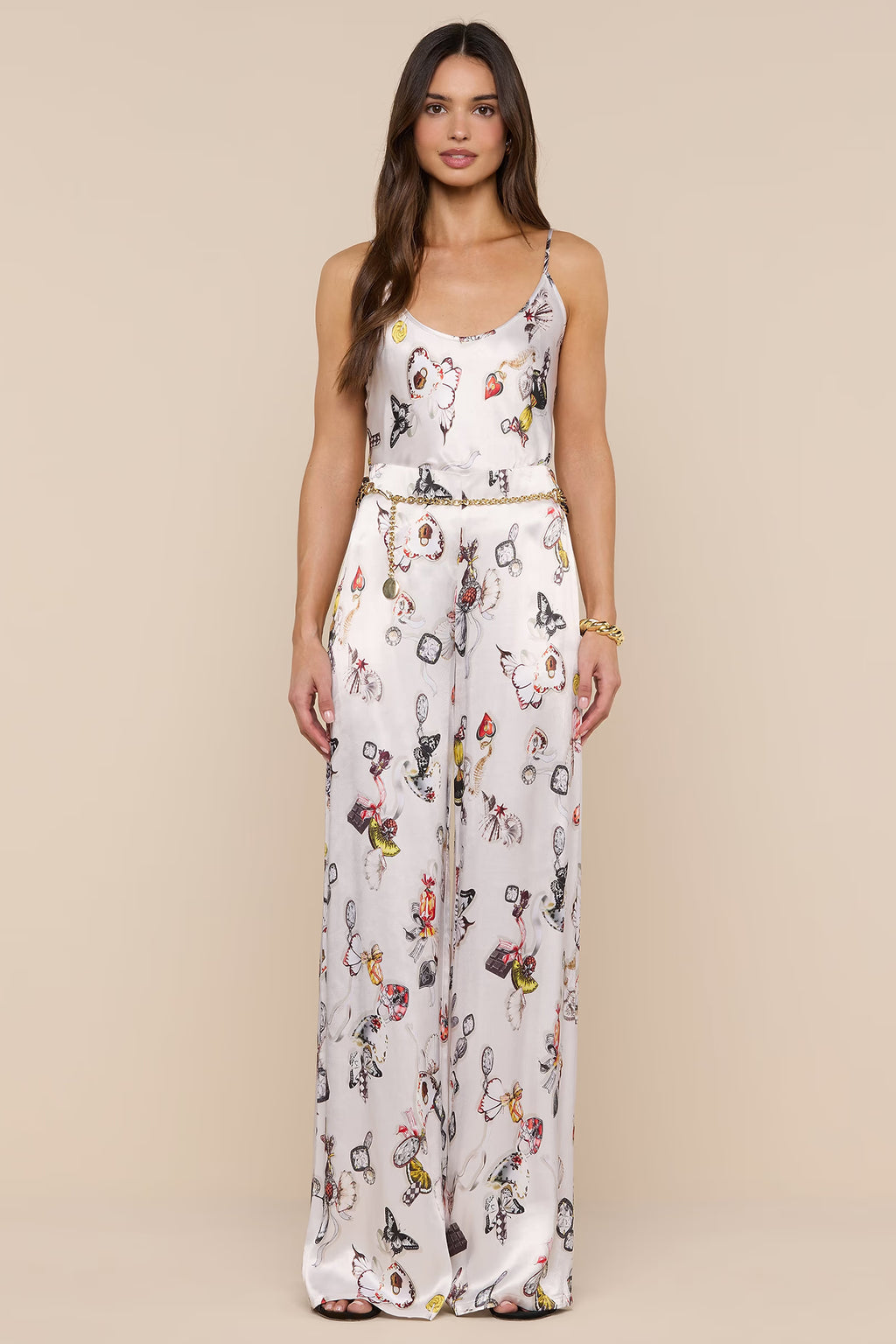 L'Agence Charmy ecru satin camisole, multi-colour lock butterfly motif
