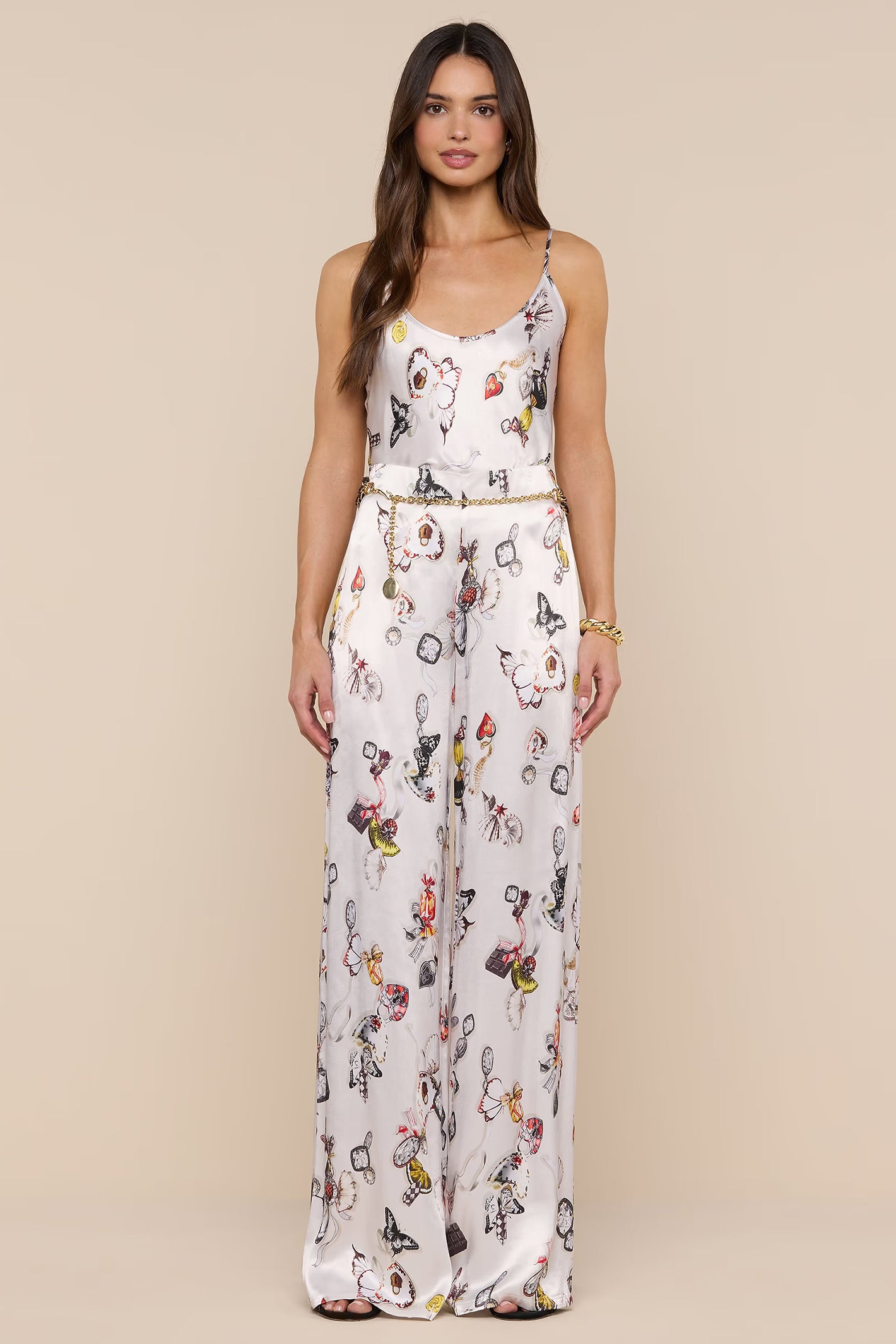 L'Agence Charmy ecru satin camisole, multi-colour lock butterfly motif