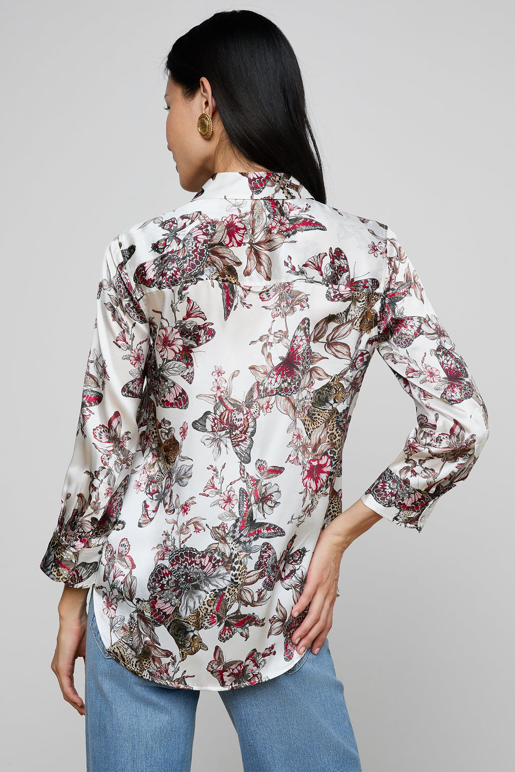 L'Agence Dani 40126NFP White Multi Jungle Print 3/4 Sleeve Silk Blouse 0060 BJNL
