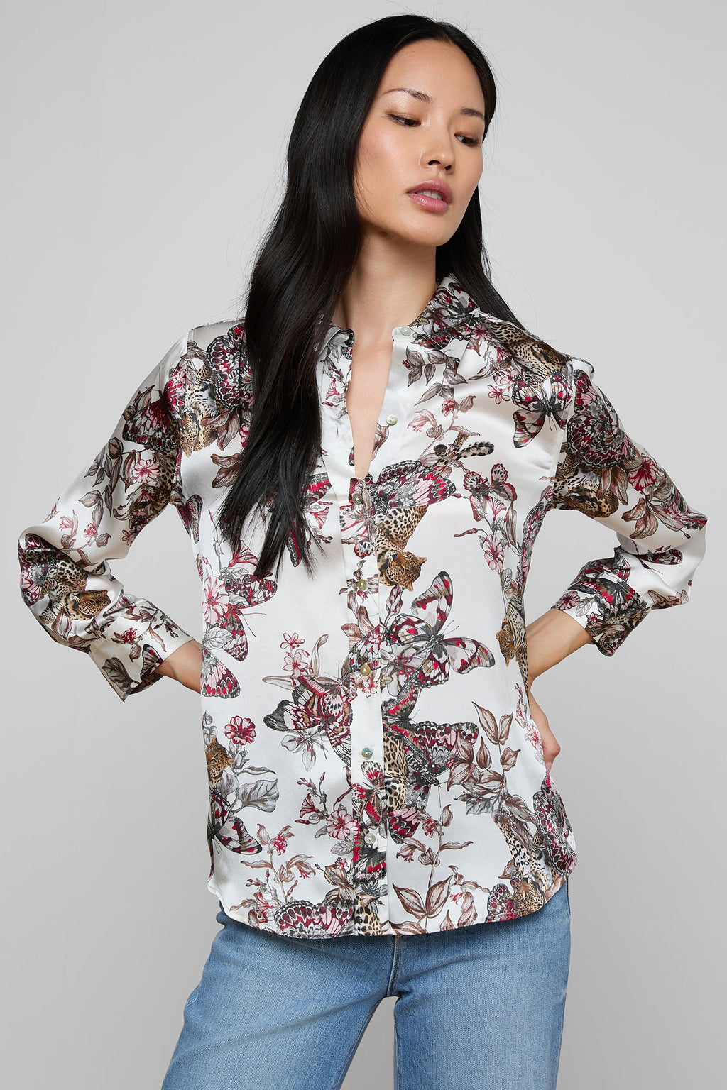 L'Agence Dani 40126NFP White Multi Jungle Print 3/4 Sleeve Silk Blouse 0060 BJNL