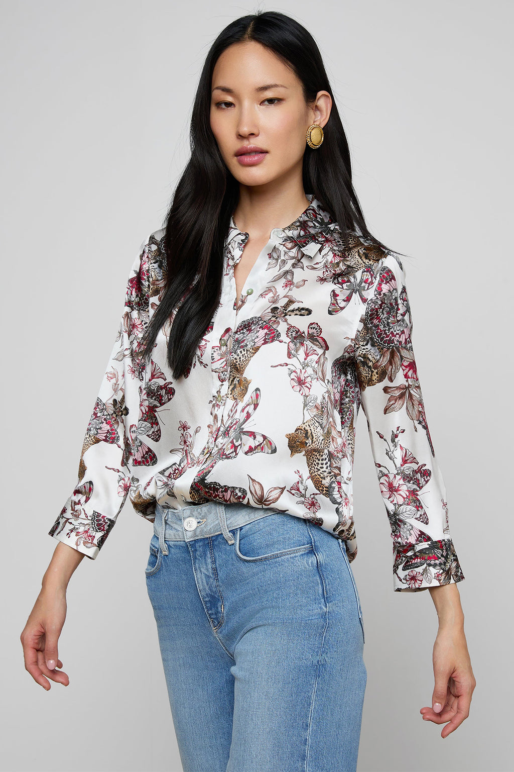 L'Agence Dani 40126NFP White Multi Jungle Print 3/4 Sleeve Silk Blouse 0060 BJNL