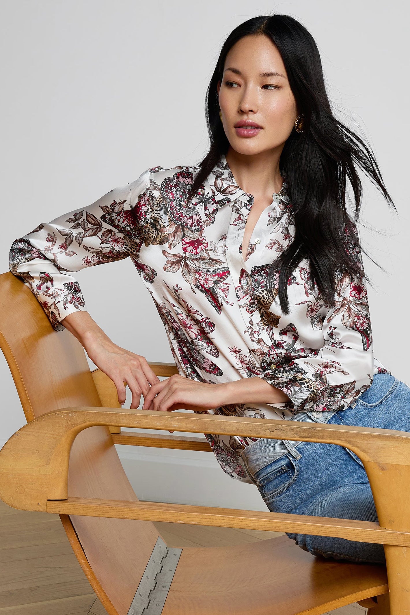 L'Agence Dani 40126NFP White Multi Jungle Print 3/4 Sleeve Silk Blouse 0060 BJNL