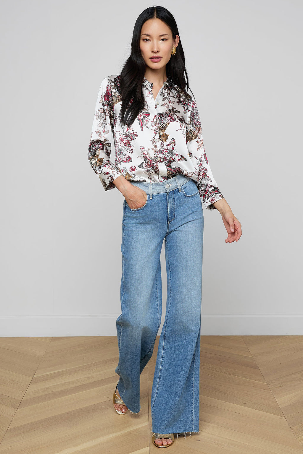 L'Agence Dani 40126NFP White Multi Jungle Print 3/4 Sleeve Silk Blouse 0060 BJNL