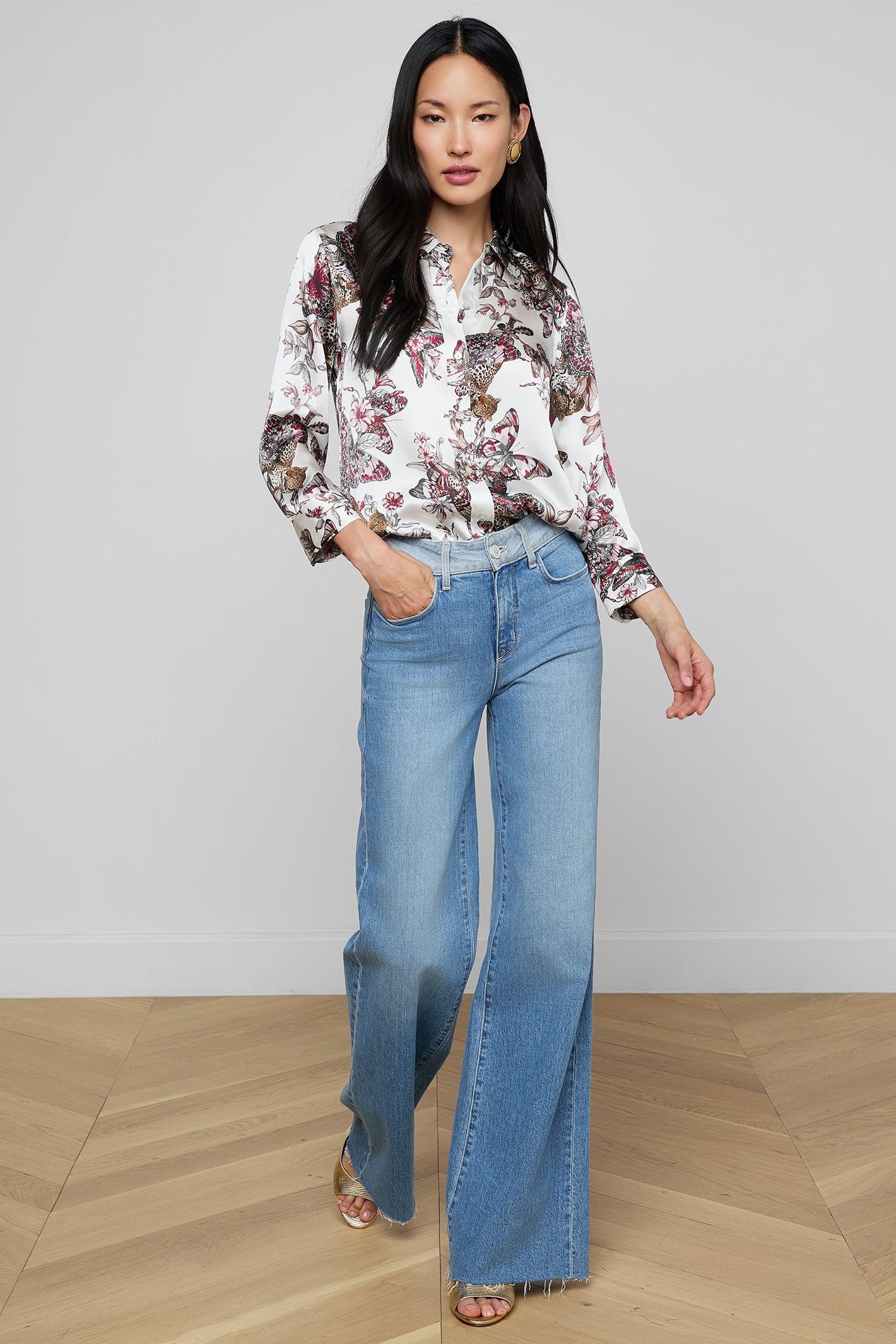 L'Agence Dani 40126NFP White Multi Jungle Print 3/4 Sleeve Silk Blouse 0060 BJNL