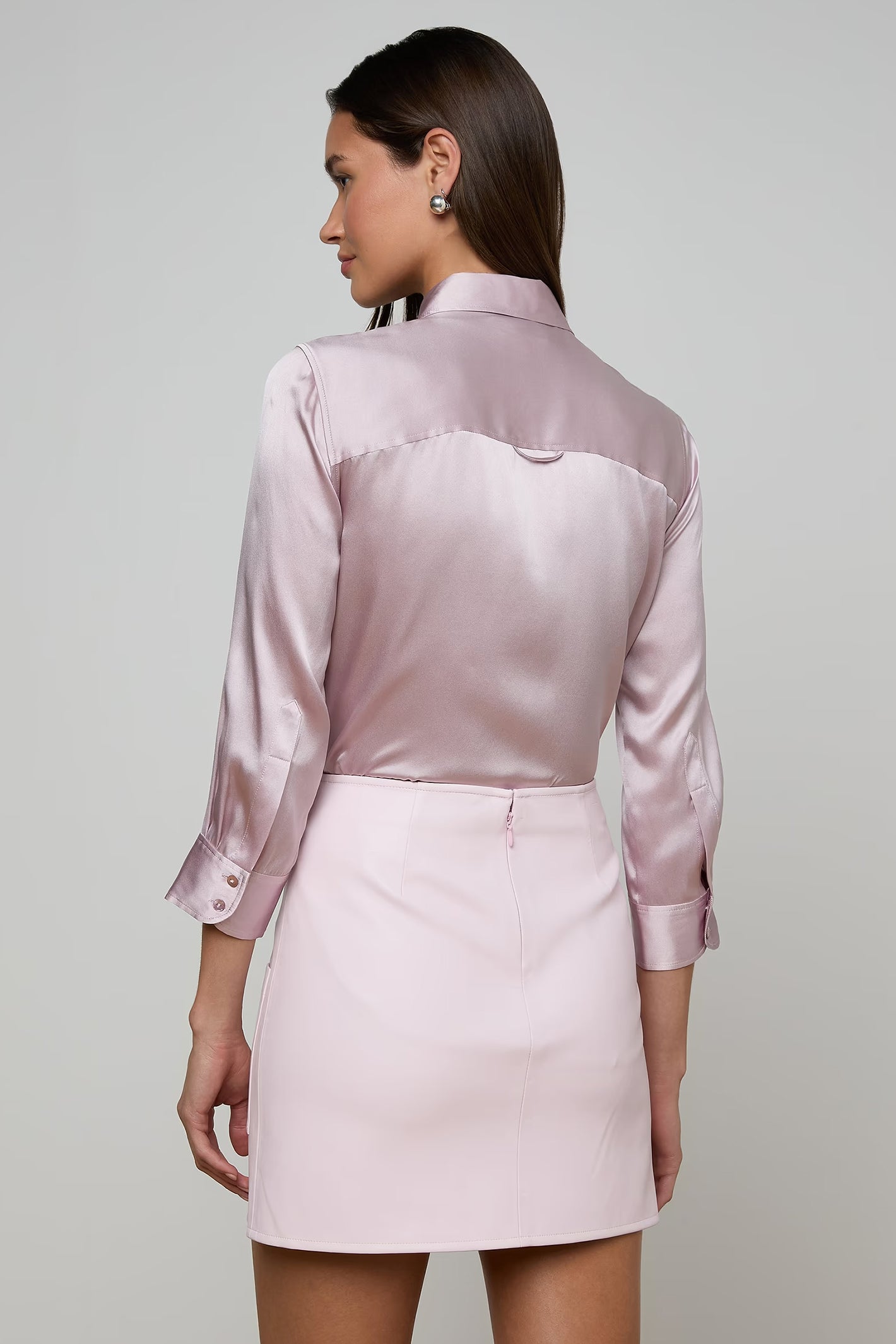 L'Agence Dani lilac silk blouse, three-quarter turn-back cuff detail