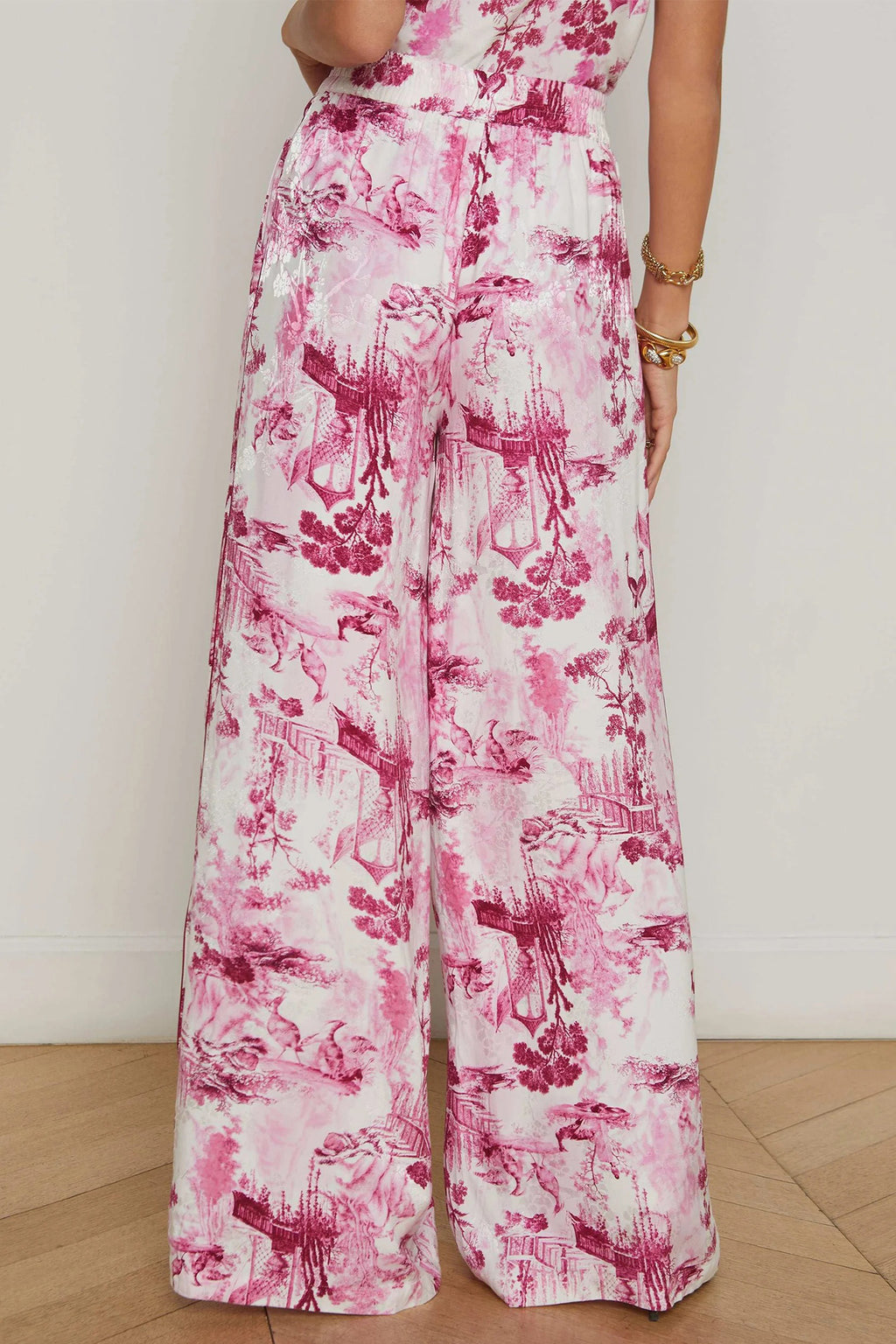 L'Agence Ivy White Pink Porcelain Toile Print Satin Wide Leg Trousers 2684PUE
