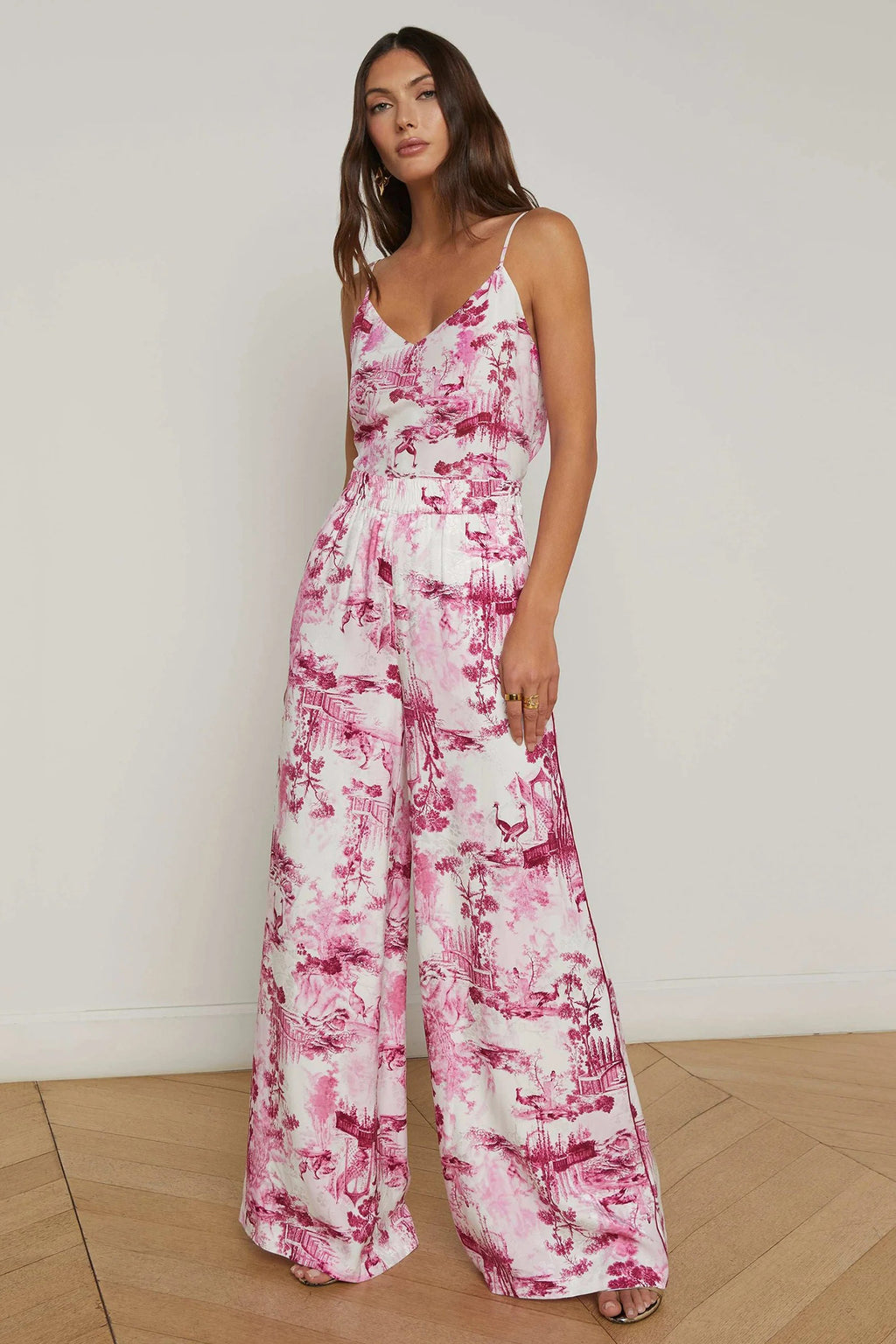 L'Agence Ivy White Pink Porcelain Toile Print Satin Wide Leg Trousers 2684PUE