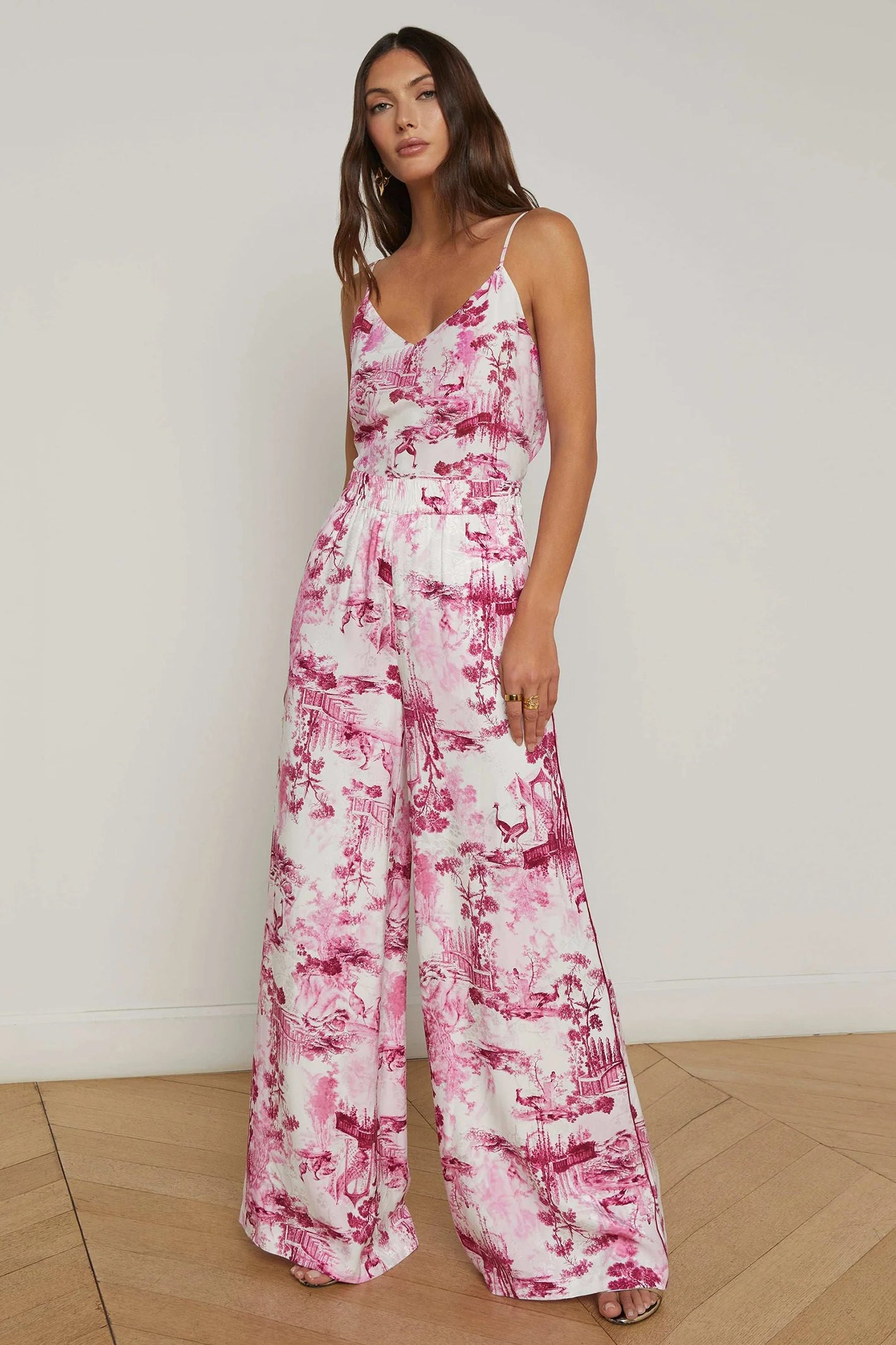 L'Agence Ivy White Pink Porcelain Toile Print Satin Wide Leg Trousers 2684PUE