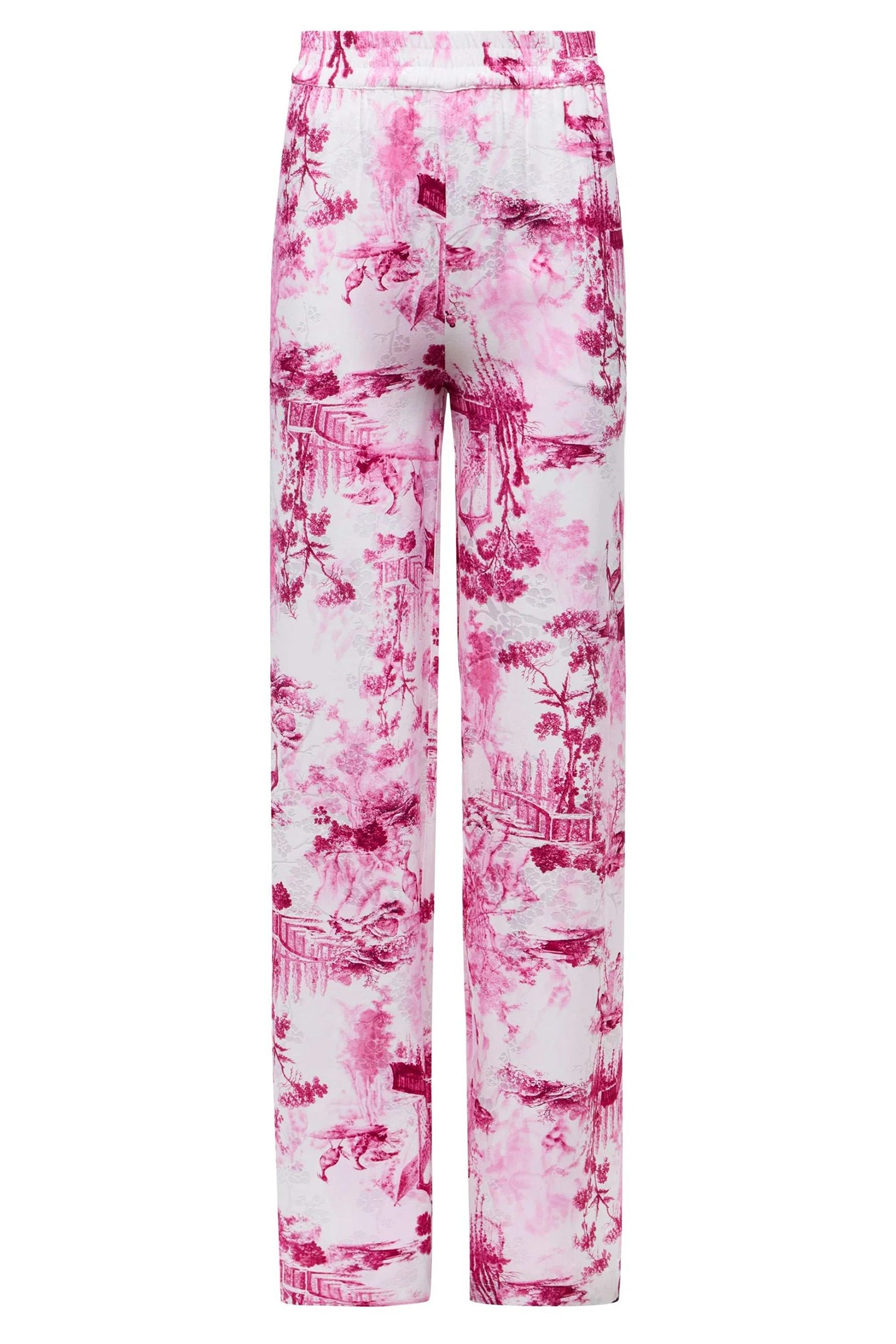 L'Agence Ivy White Pink Porcelain Toile Print Satin Wide Leg Trousers 2684PUE