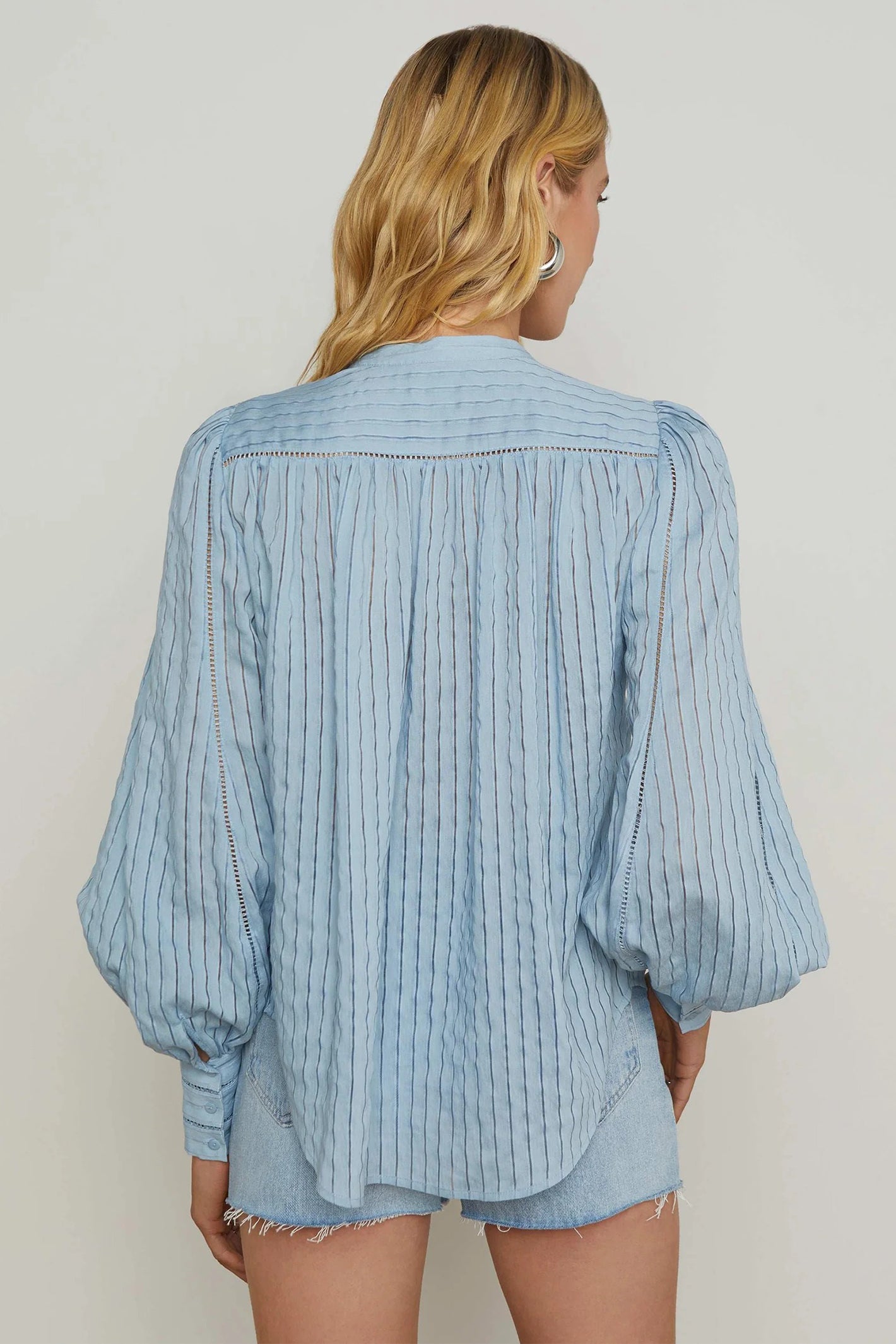 L'Agence Kiera Light Blue Fog Ladder Trim Blouse 40527DBZ