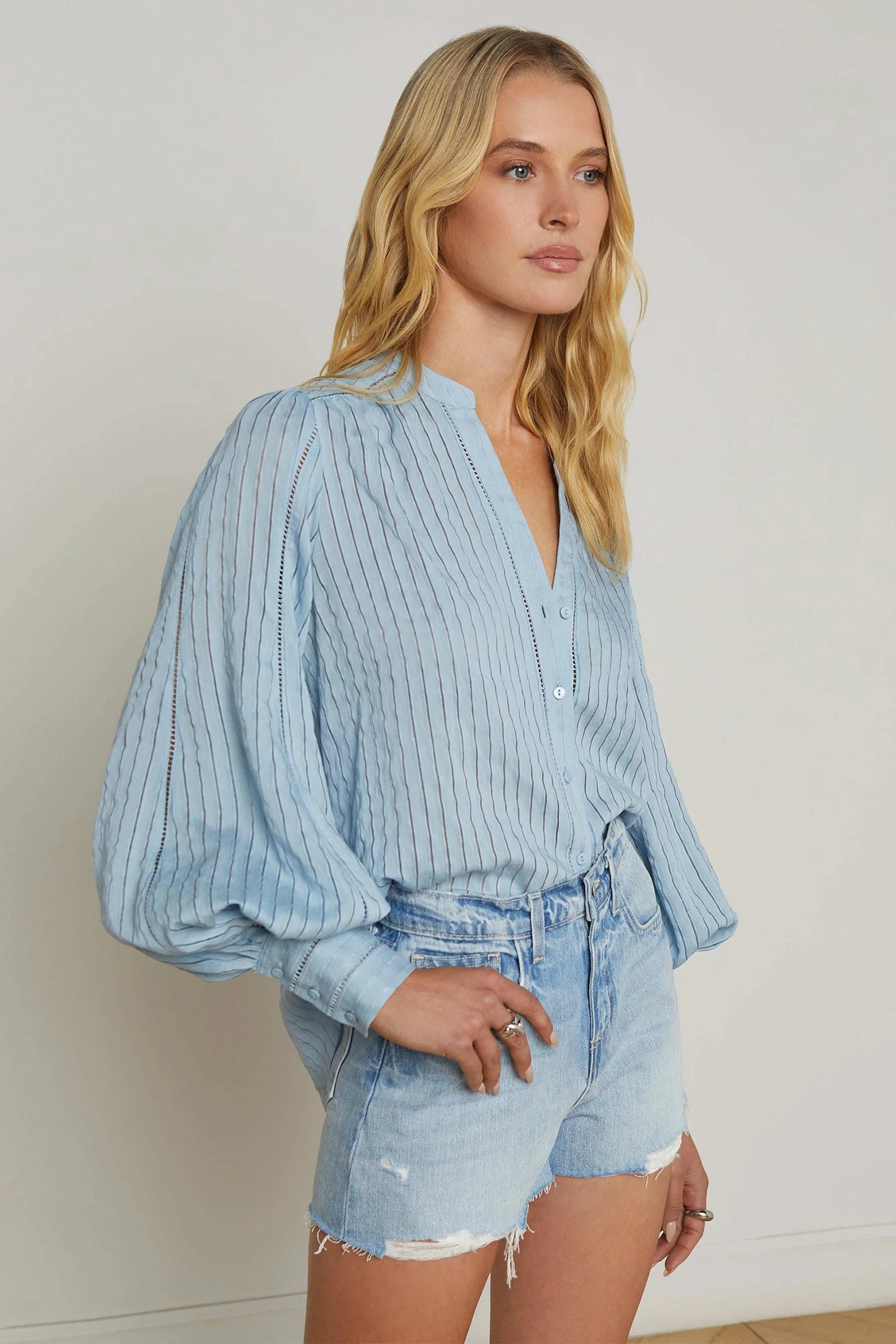 L'Agence Kiera Light Blue Fog Ladder Trim Blouse 40527DBZ
