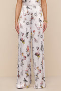 L'Agence Kimia ecru satin trousers, multi-colour lock butterfly motif